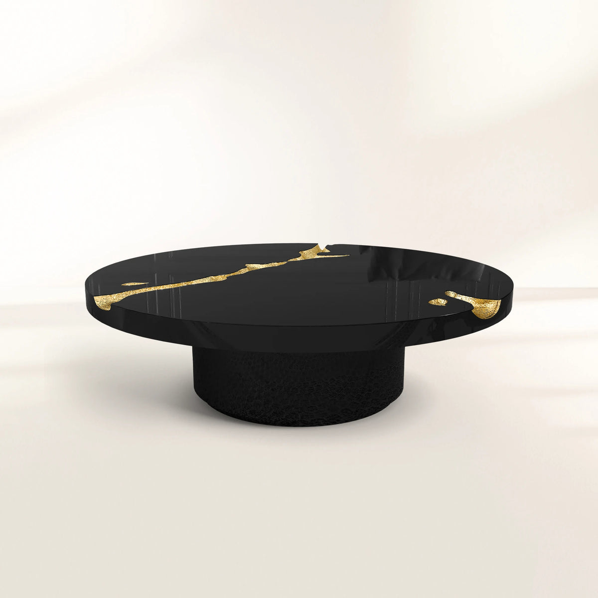 Luxury Gold Coffee Table with Round Glass Top & Sculptural Brass Base Center Tea Table