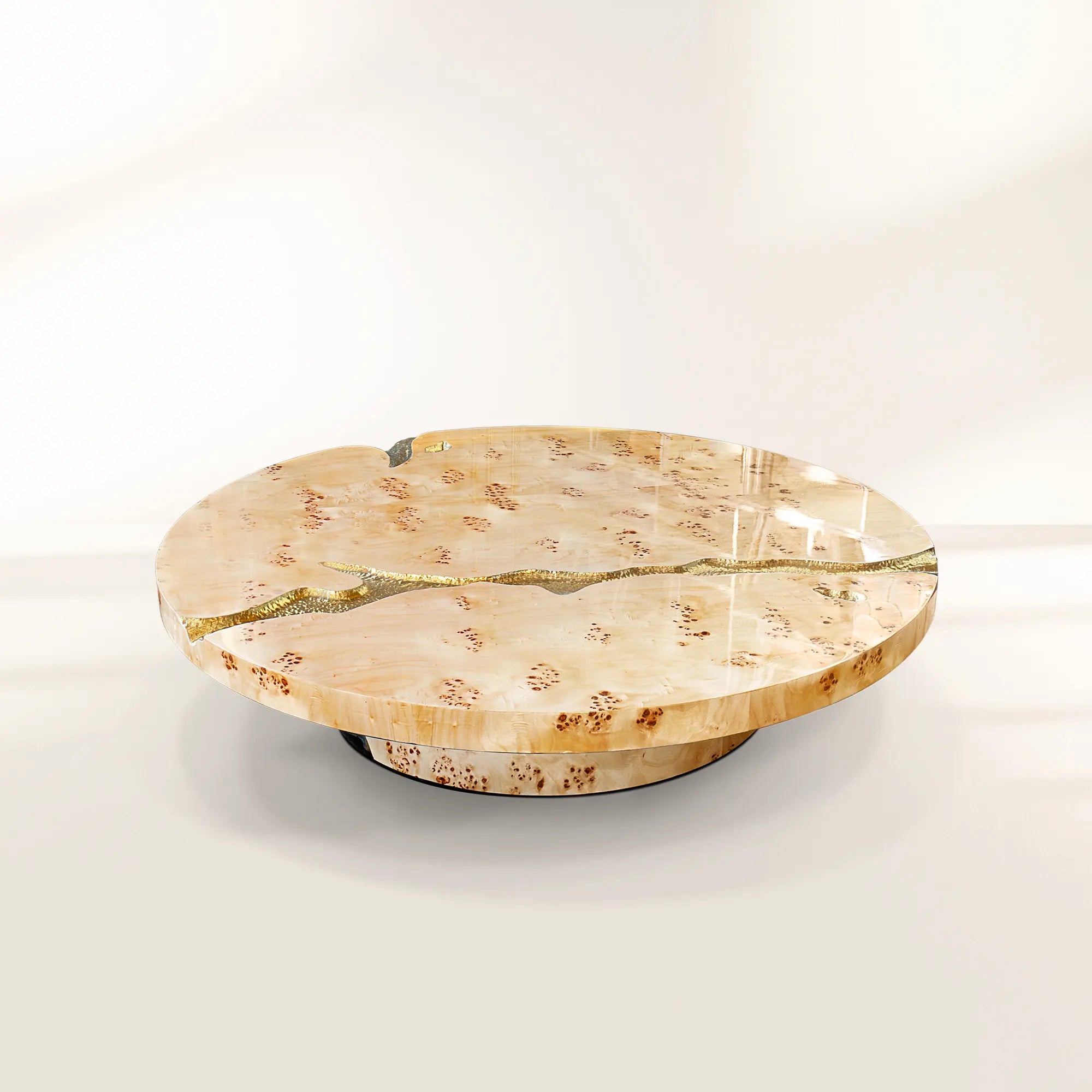 Luxury Gold Coffee Table with Round Glass Top & Sculptural Brass Base Center Tea Table