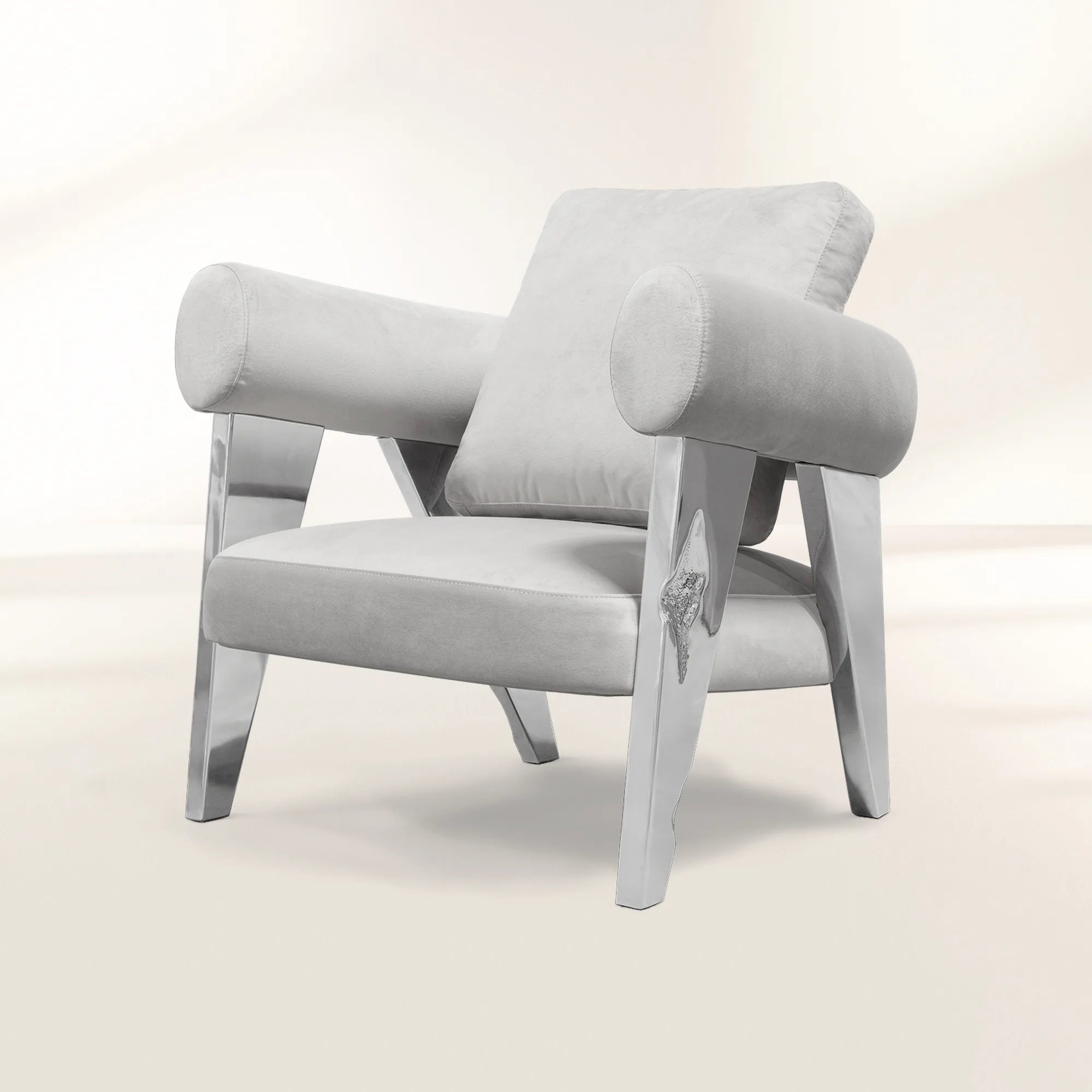 Luxury Sculptural Armchair with Polished Hammered Brass Legs & Curved Upholstery Design
