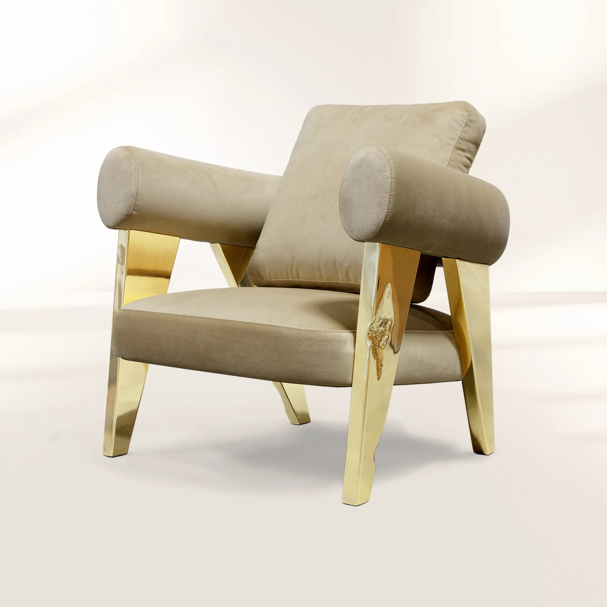 Luxury Sculptural Armchair with Polished Hammered Brass Legs & Curved Upholstery Design