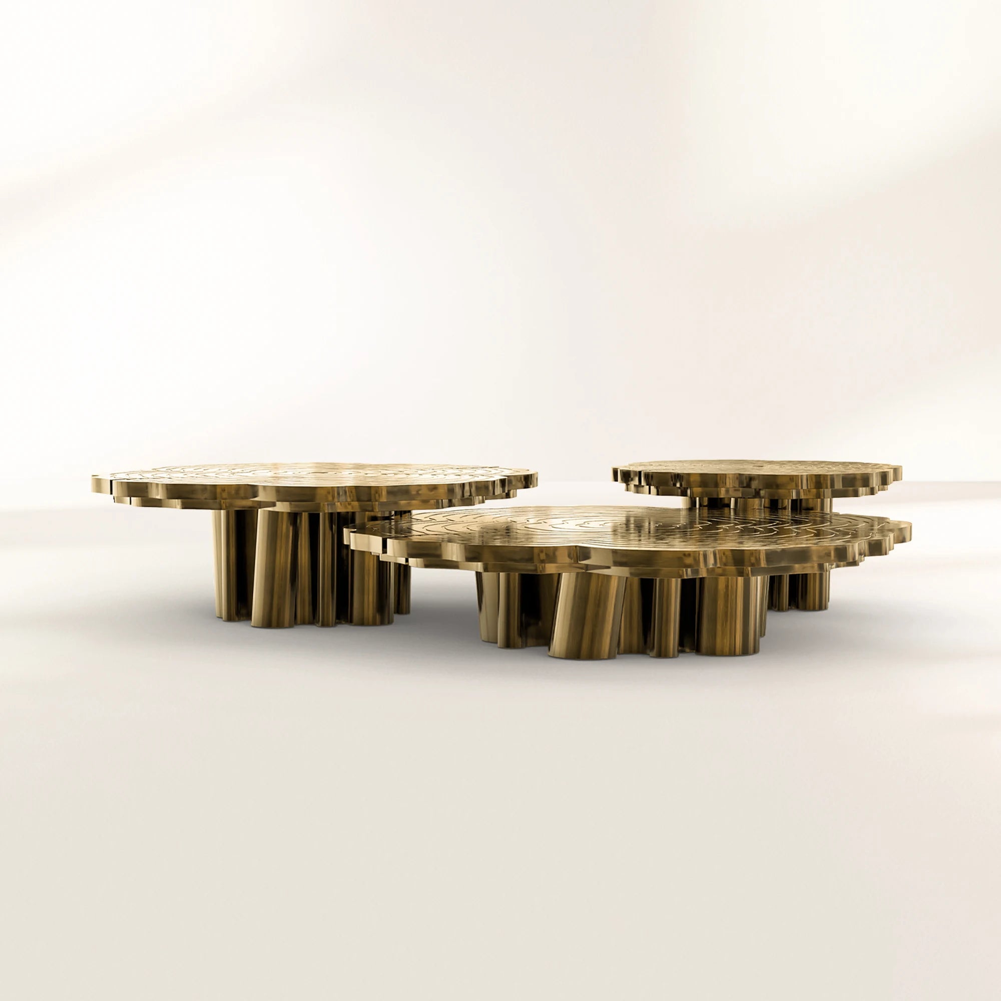 Luxury Patina Brass Coffee Table Set with Round Tiered Tops & Statement Design Center Tea Table
