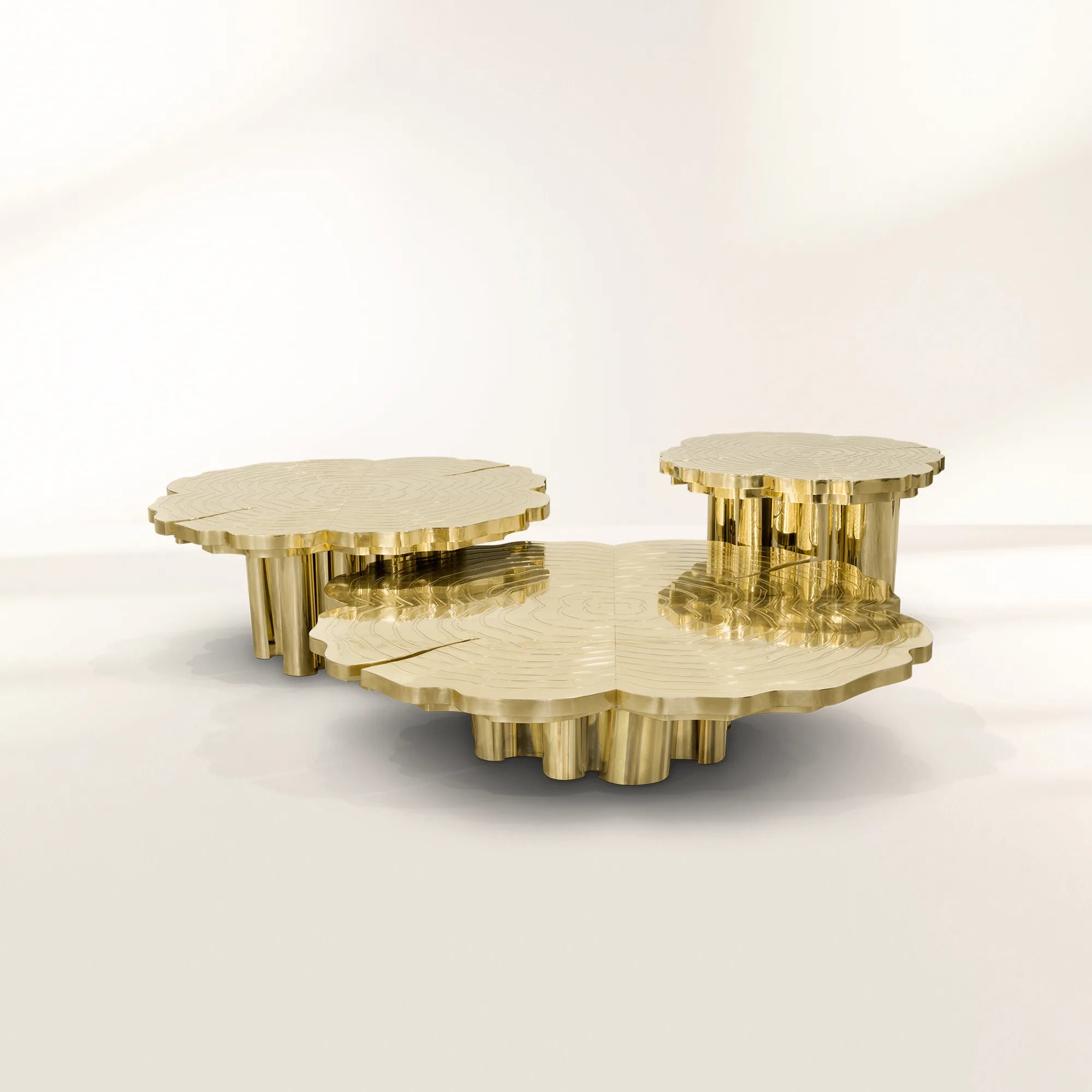 Luxury Patina Brass Coffee Table Set with Round Tiered Tops & Statement Design Center Tea Table