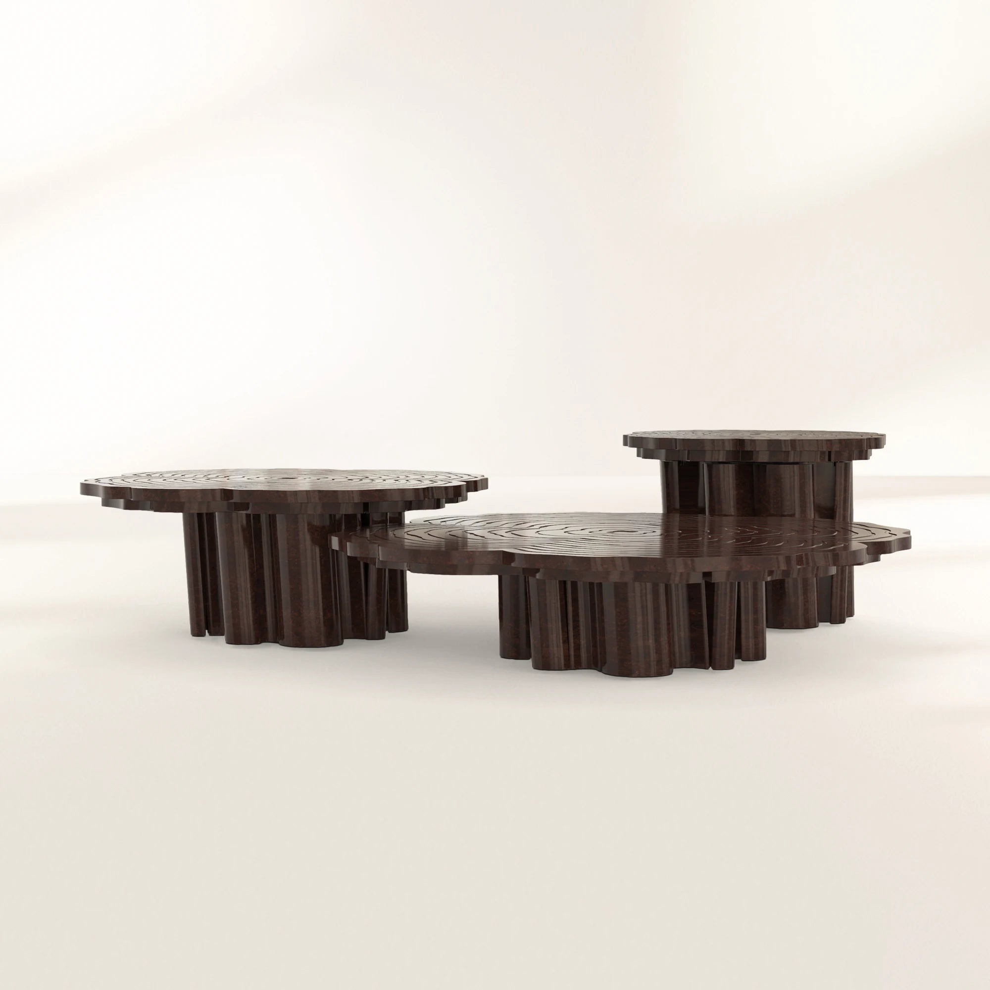 Luxury Patina Brass Coffee Table Set with Round Tiered Tops & Statement Design Center Tea Table