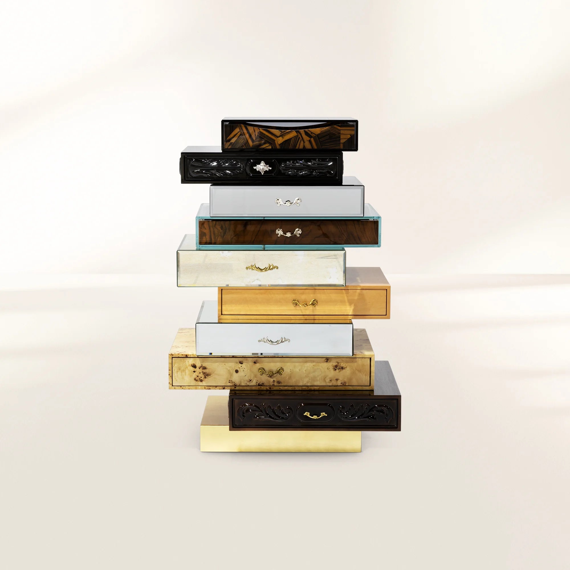 Luxury Chest of Drawers with Mixed Wood Finishes, Brass Details & Designer Storage