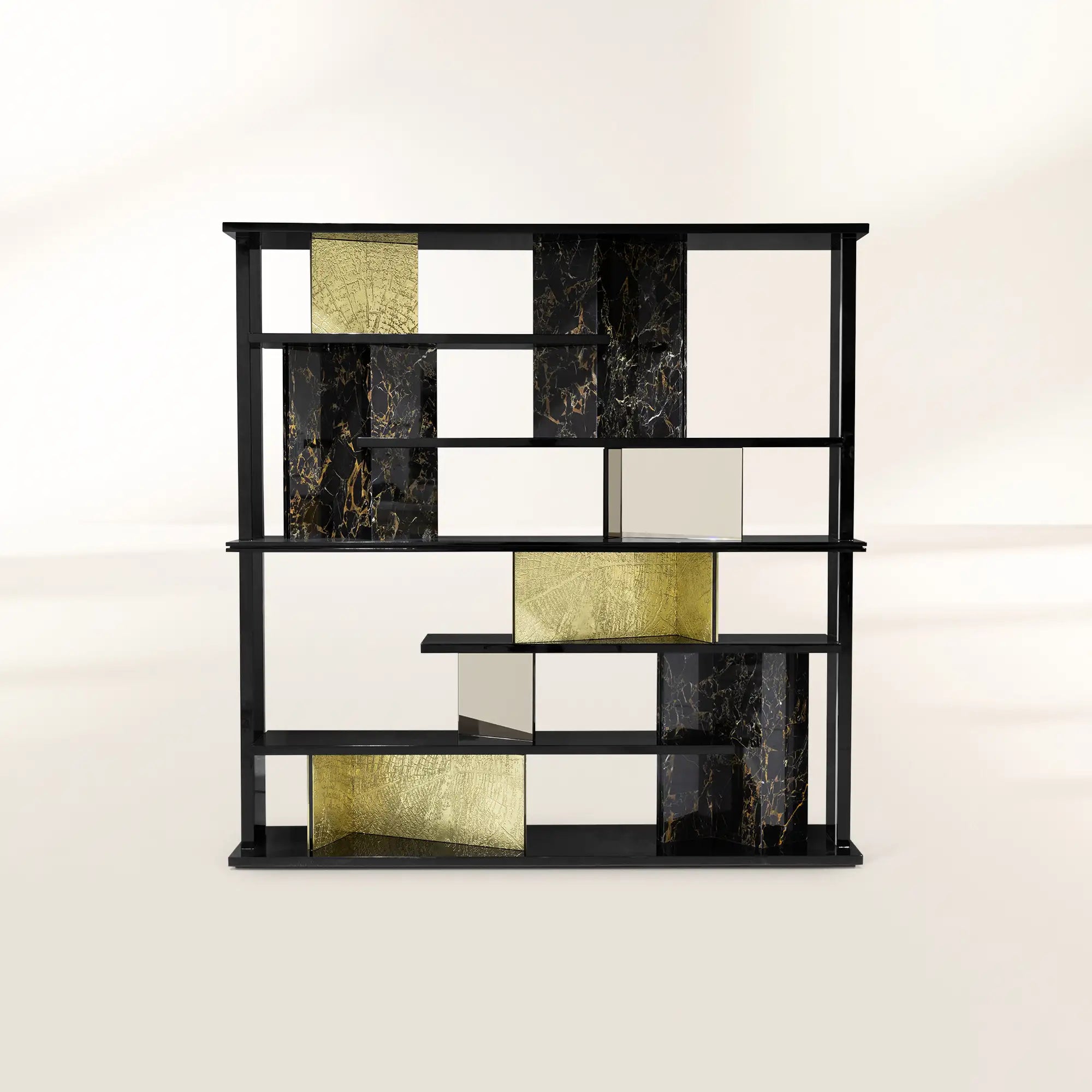 Luxury Double-Sided Bookcase with LED Lighting, Marble Shelves & Display Storage