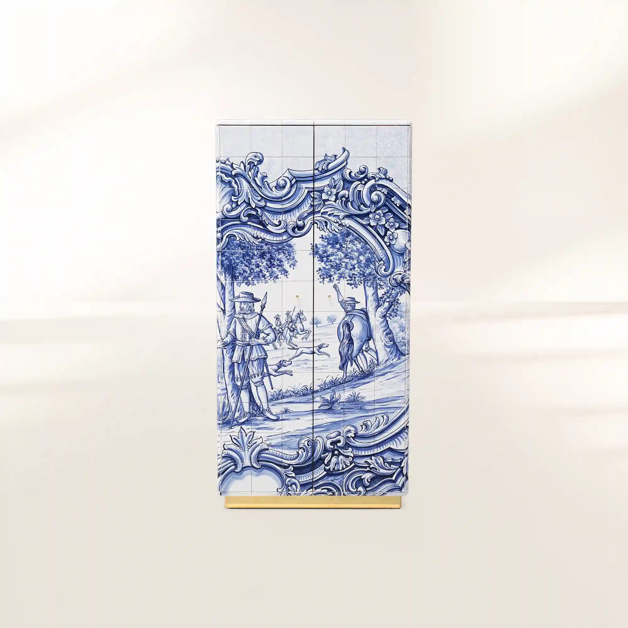Luxury Display Cabinet with Hand-Painted Tile Artwork, Glass Shelves & Storage