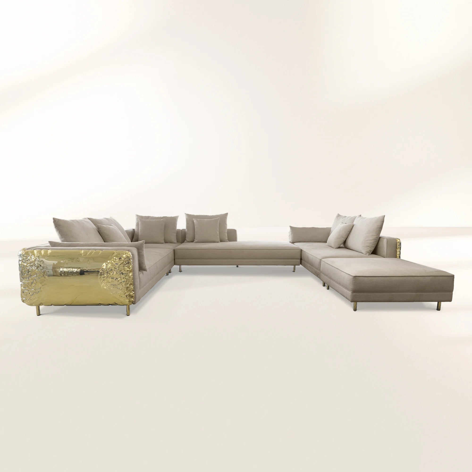 Luxury Imperfect Sculptural L-Shaped Modular Sofa with Ottoman & Polished Brass Design
