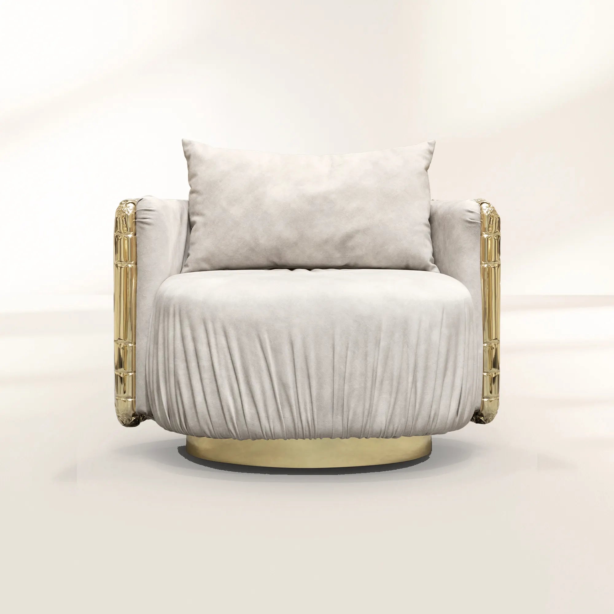 Luxury Imperfect Sculptural Armchair with Swivel Base & Hammered Brass Round Design