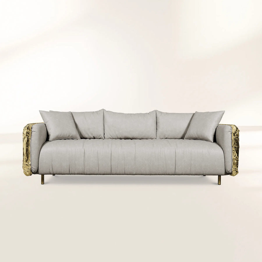 Luxury Imperfect Sculptural Sofa with Hammered Brass Frame & Artistic Design