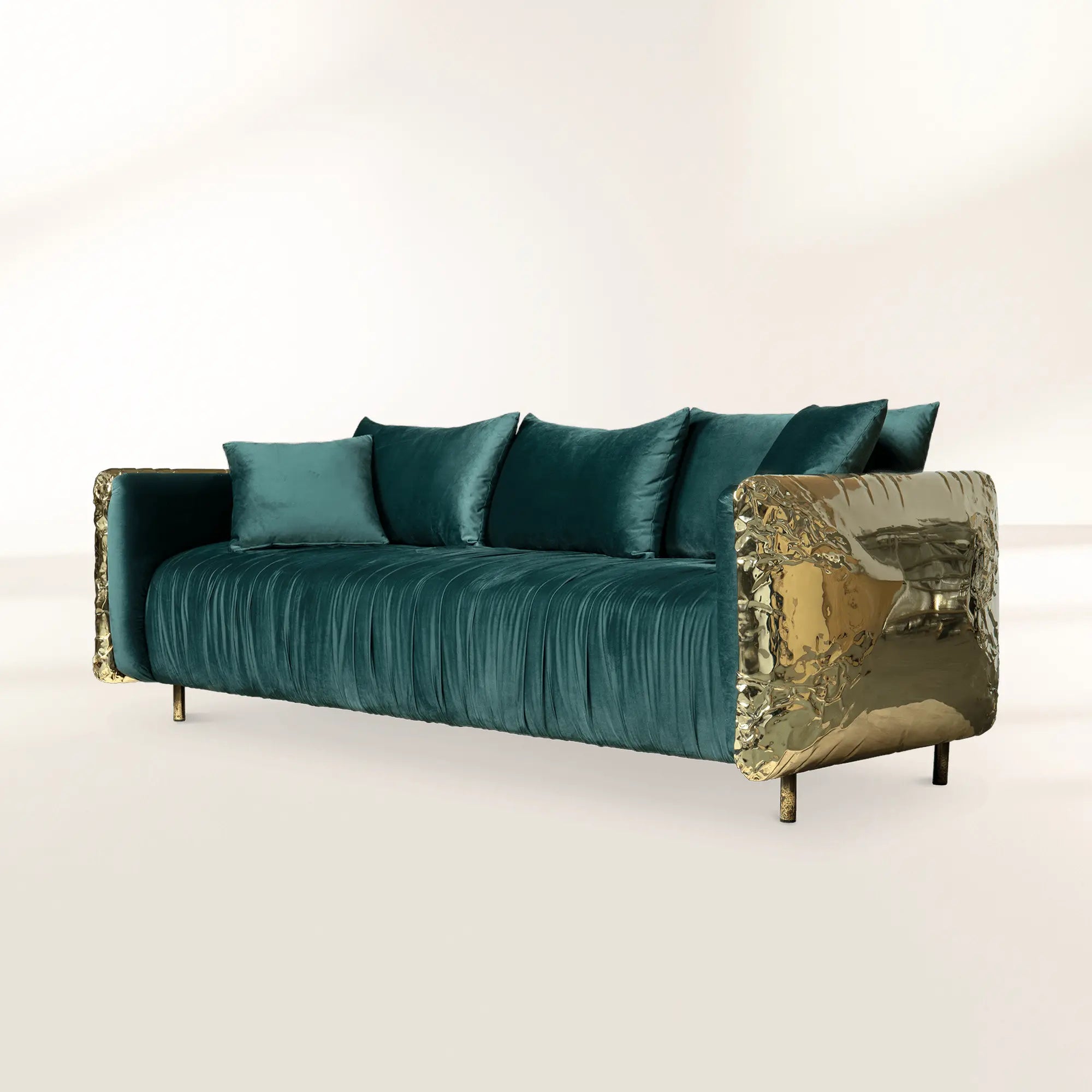Luxury Imperfect Sculptural Sofa with Hammered Brass Frame & Artistic Design