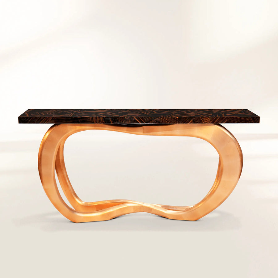 Infinity Consoles Curved Copper Leaf Entryways Cabinet Table