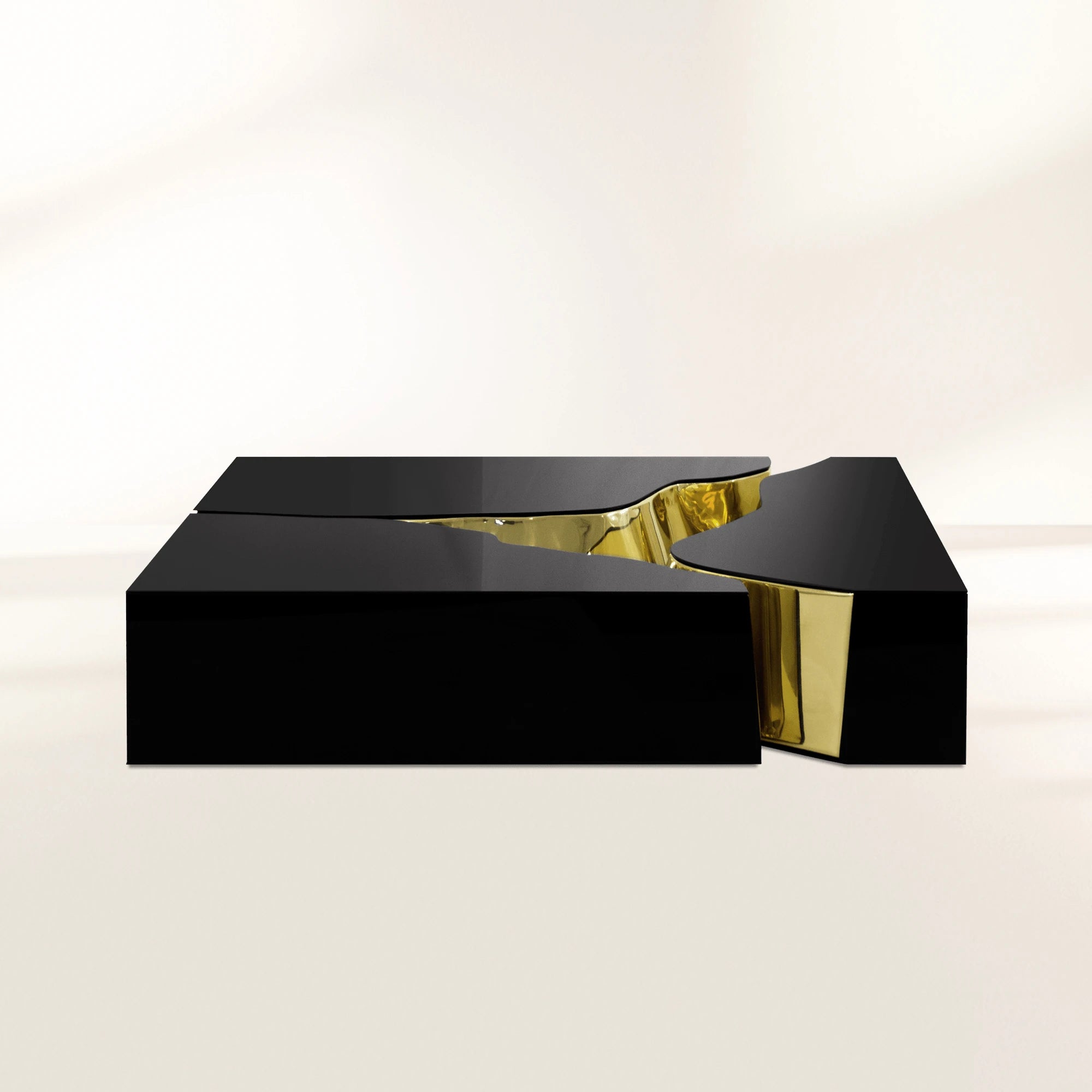 Luxury Coffee Table with Cracked Brass Sculptural Base & Smoked Glass Top Center Tea Table