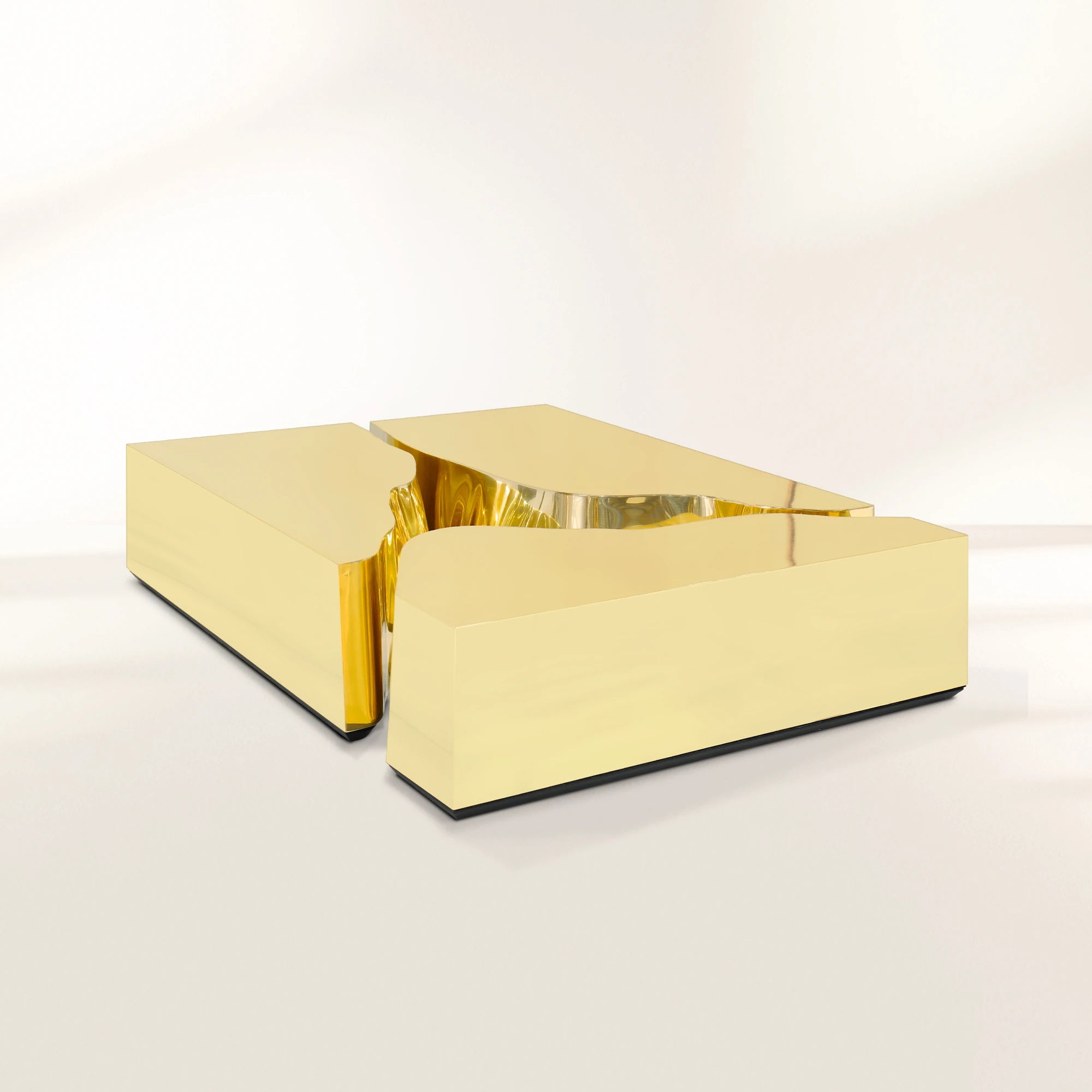 Luxury Coffee Table with Cracked Brass Sculptural Base & Smoked Glass Top Center Tea Table