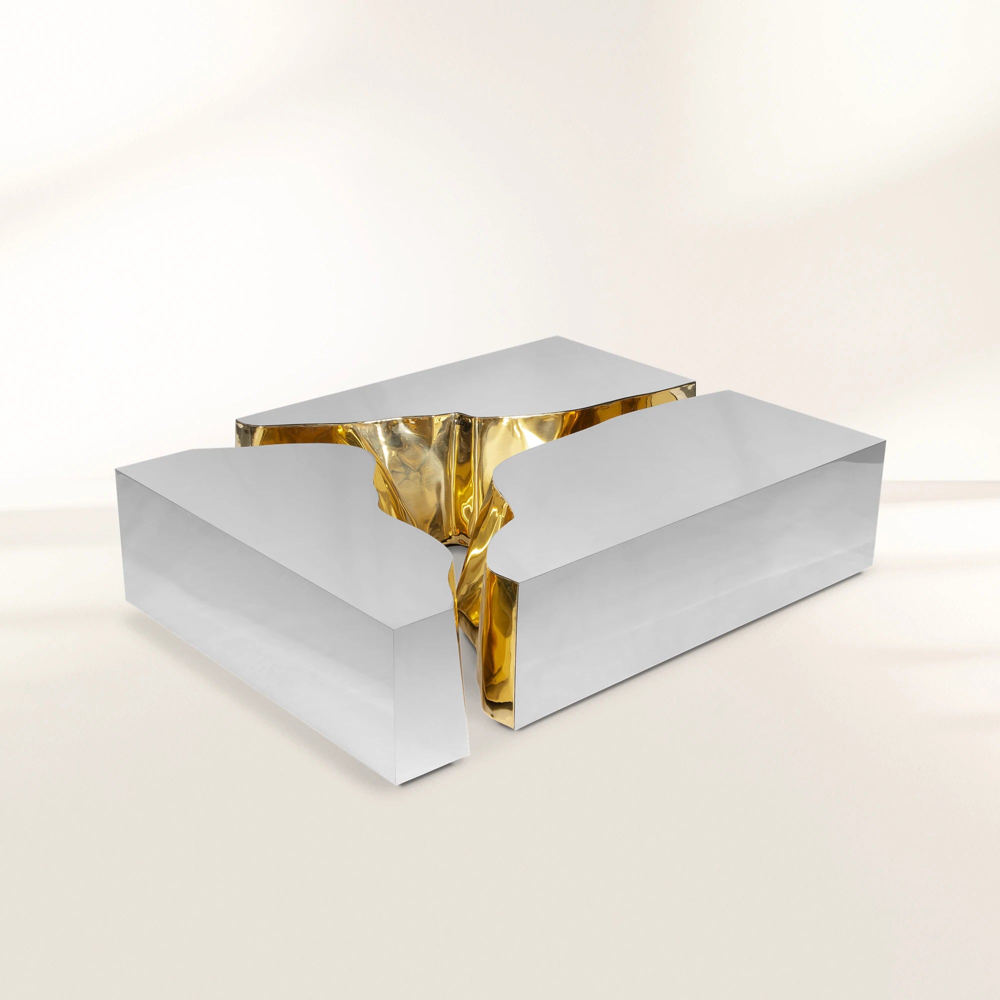 Luxury Coffee Table with Cracked Brass Sculptural Base & Smoked Glass Top Center Tea Table