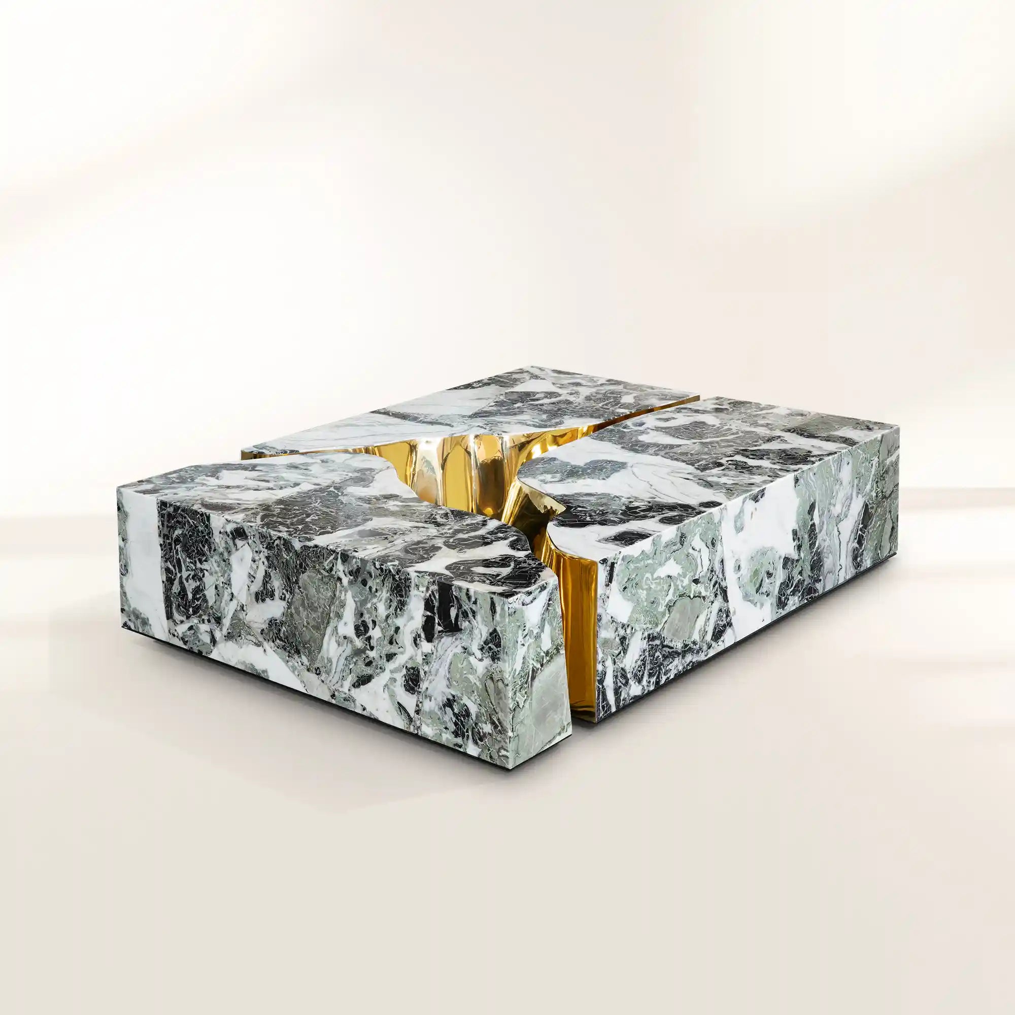 Luxury Coffee Table with Cracked Brass Sculptural Base & Smoked Glass Top Center Tea Table