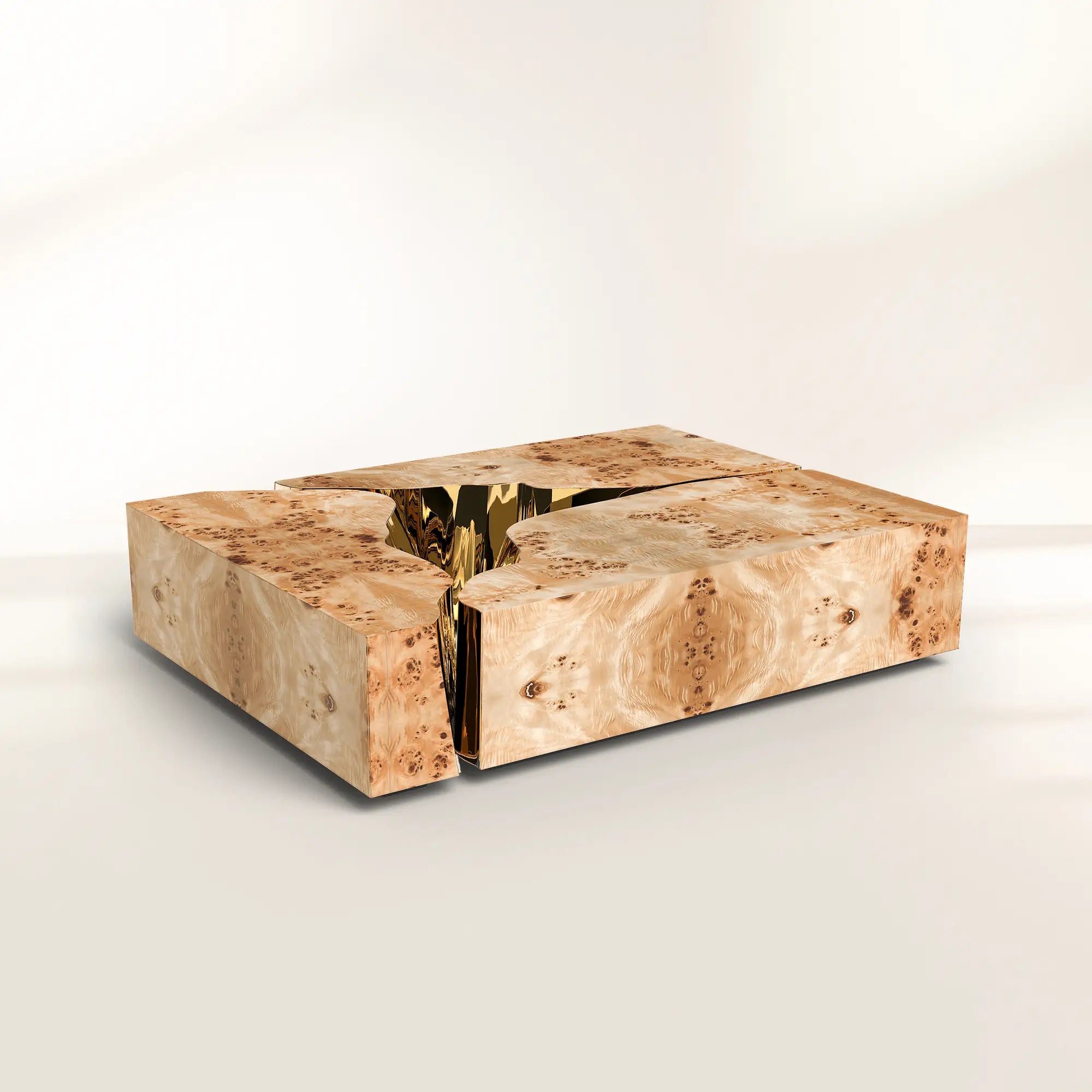 Luxury Coffee Table with Cracked Brass Sculptural Base & Smoked Glass Top Center Tea Table