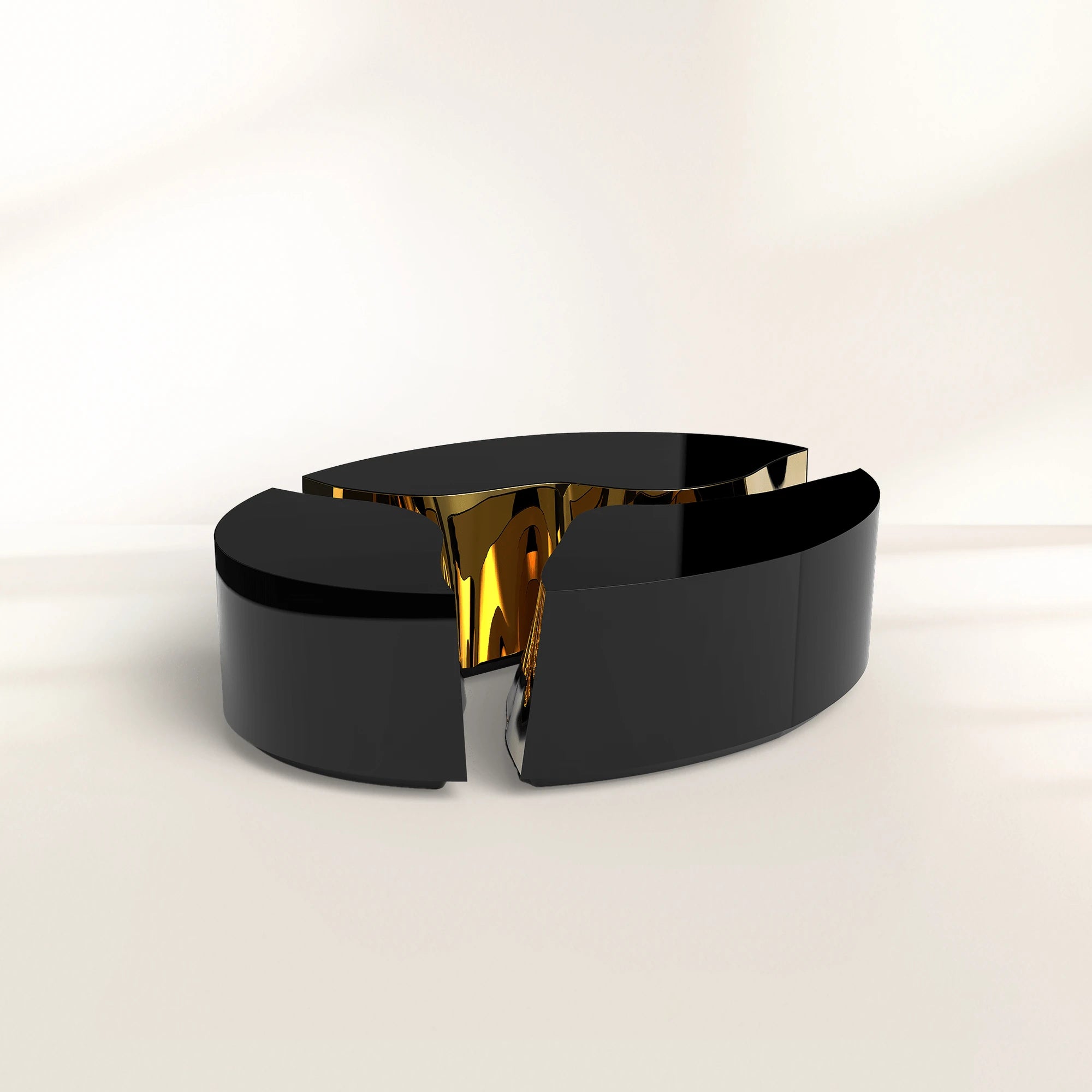 Luxury Oval Coffee Table with Sculptural Brass Accents & High Gloss Finish Center Tea Table