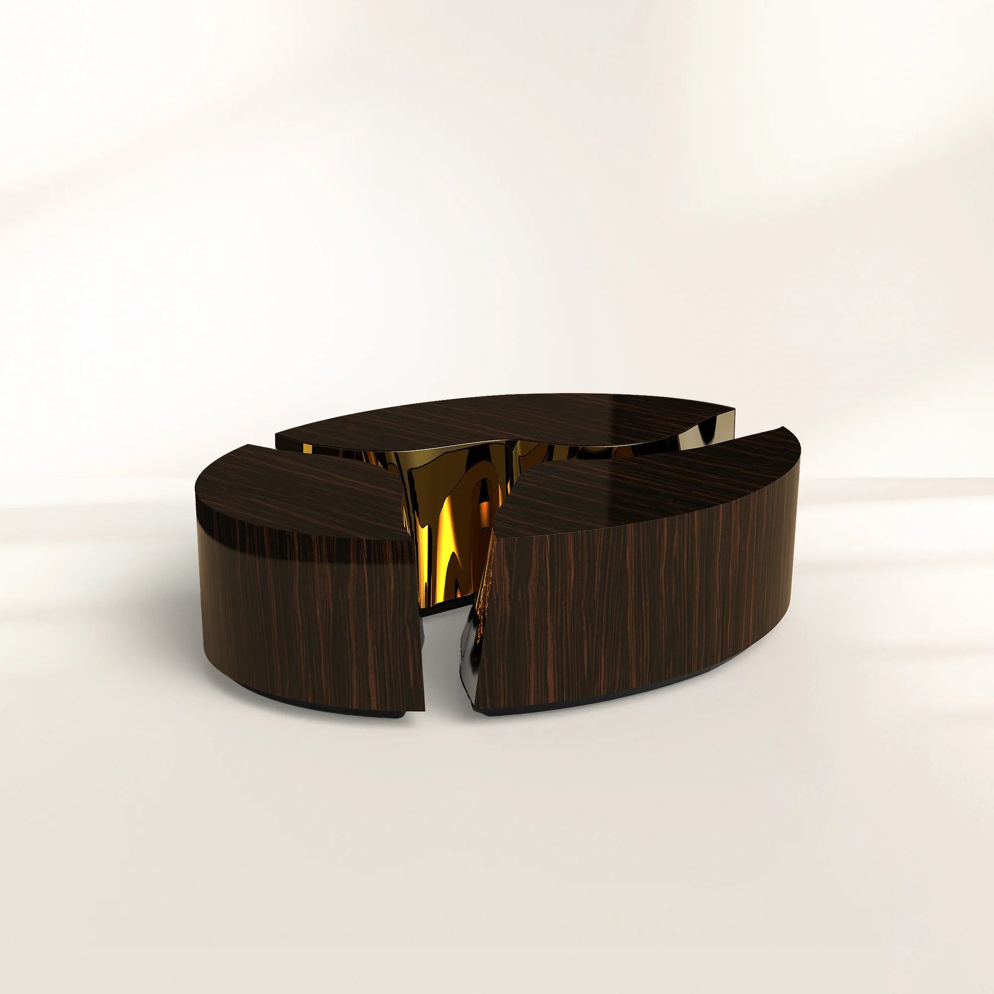 Luxury Oval Coffee Table with Sculptural Brass Accents & High Gloss Finish Center Tea Table