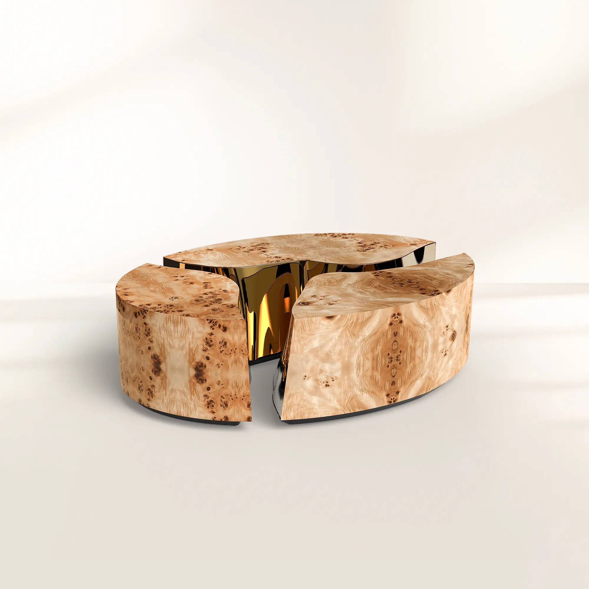 Luxury Oval Coffee Table with Sculptural Brass Accents & High Gloss Finish Center Tea Table