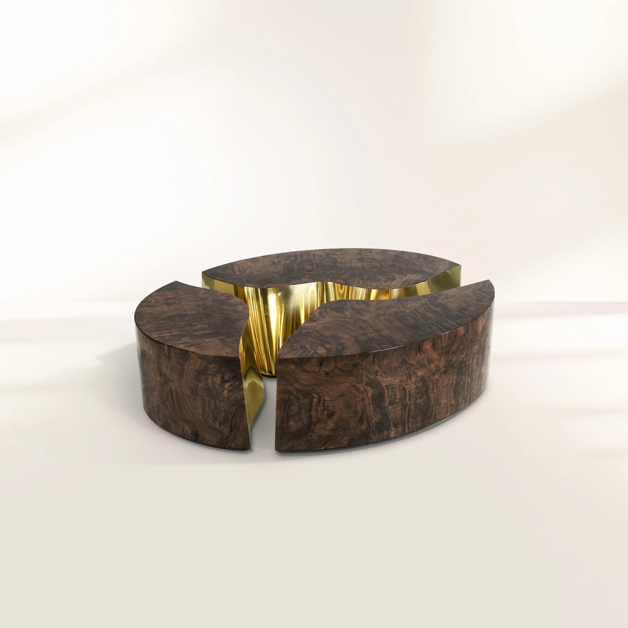 Luxury Oval Coffee Table with Sculptural Brass Accents & High Gloss Finish Center Tea Table