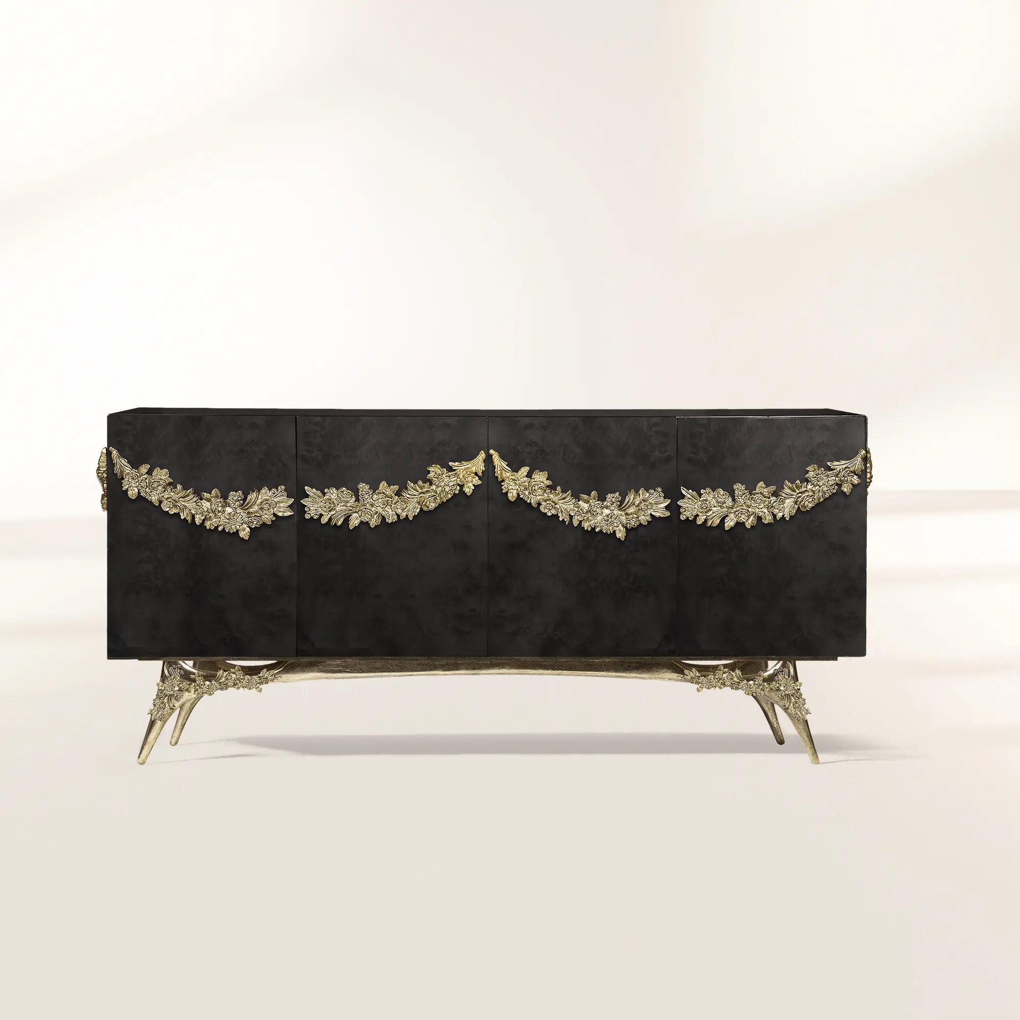 Luxury Walnut Burl Sideboard Buffet Cabinet with Hand-Carved Floral Doors & Storage