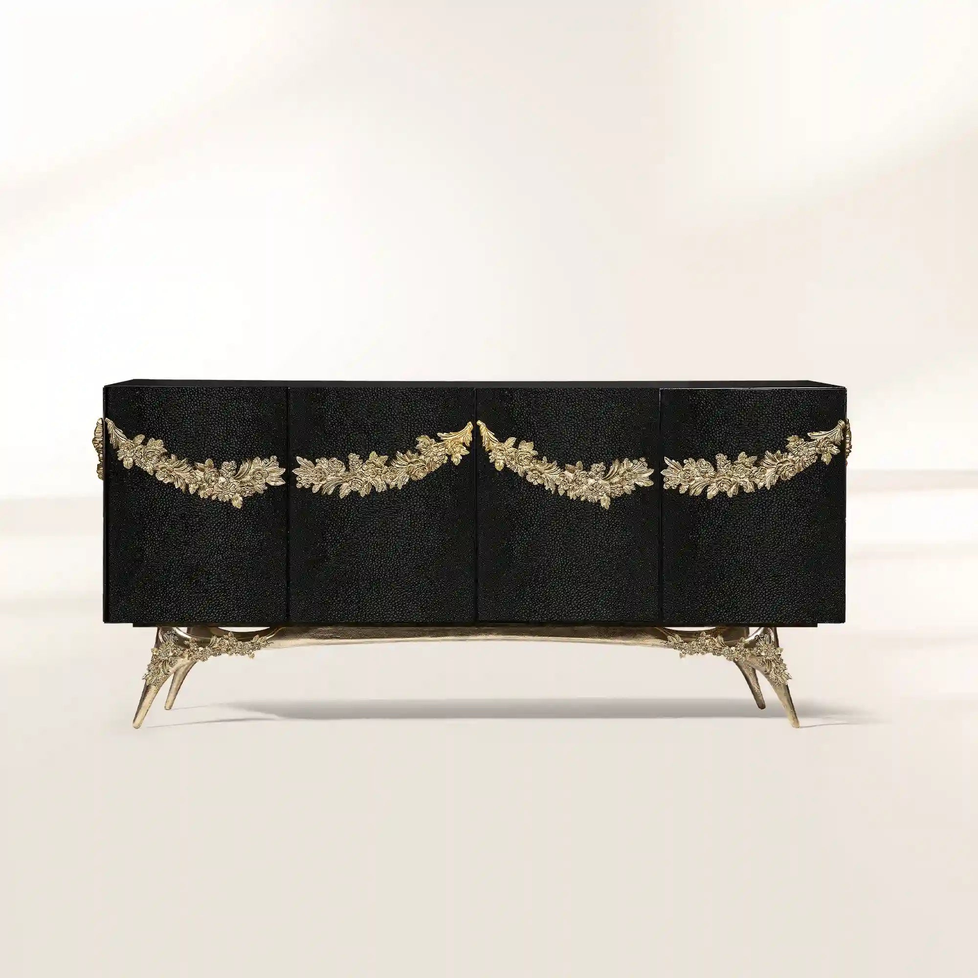 Luxury Walnut Burl Sideboard Buffet Cabinet with Hand-Carved Floral Doors & Storage