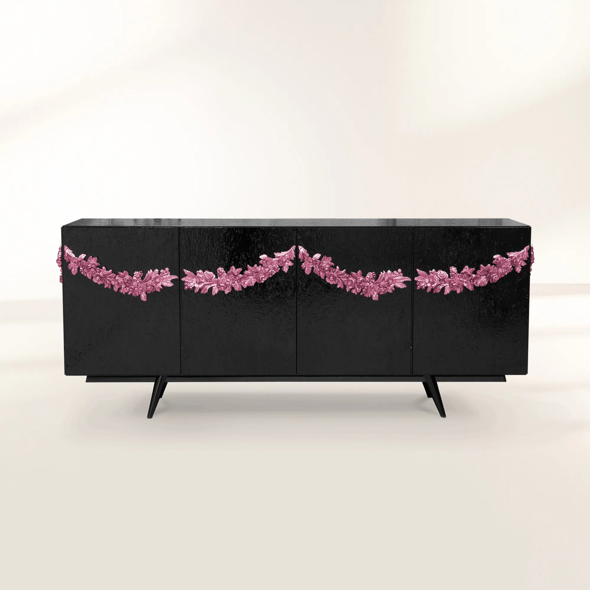 Luxury Black Sideboard Buffet Cabinet with Floral Carved Details & Storage