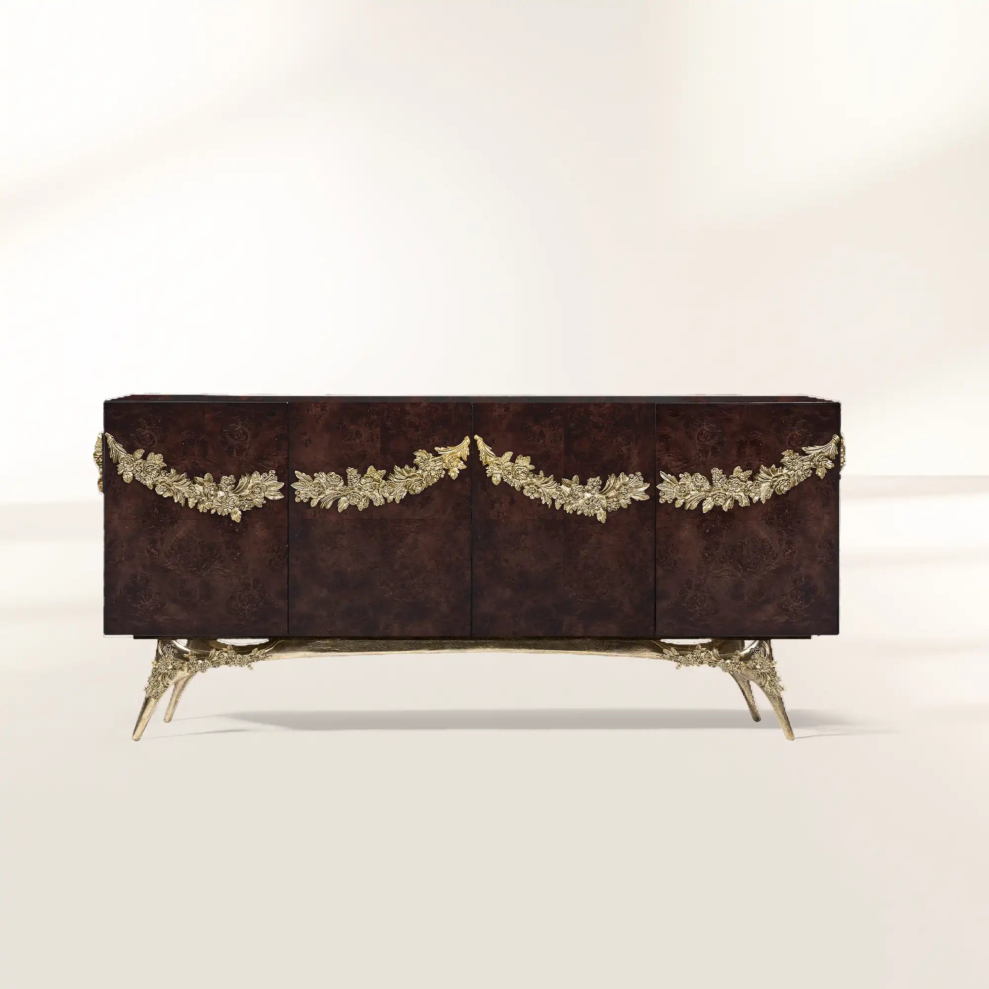 Luxury Walnut Burl Sideboard Buffet Cabinet with Hand-Carved Floral Doors & Storage