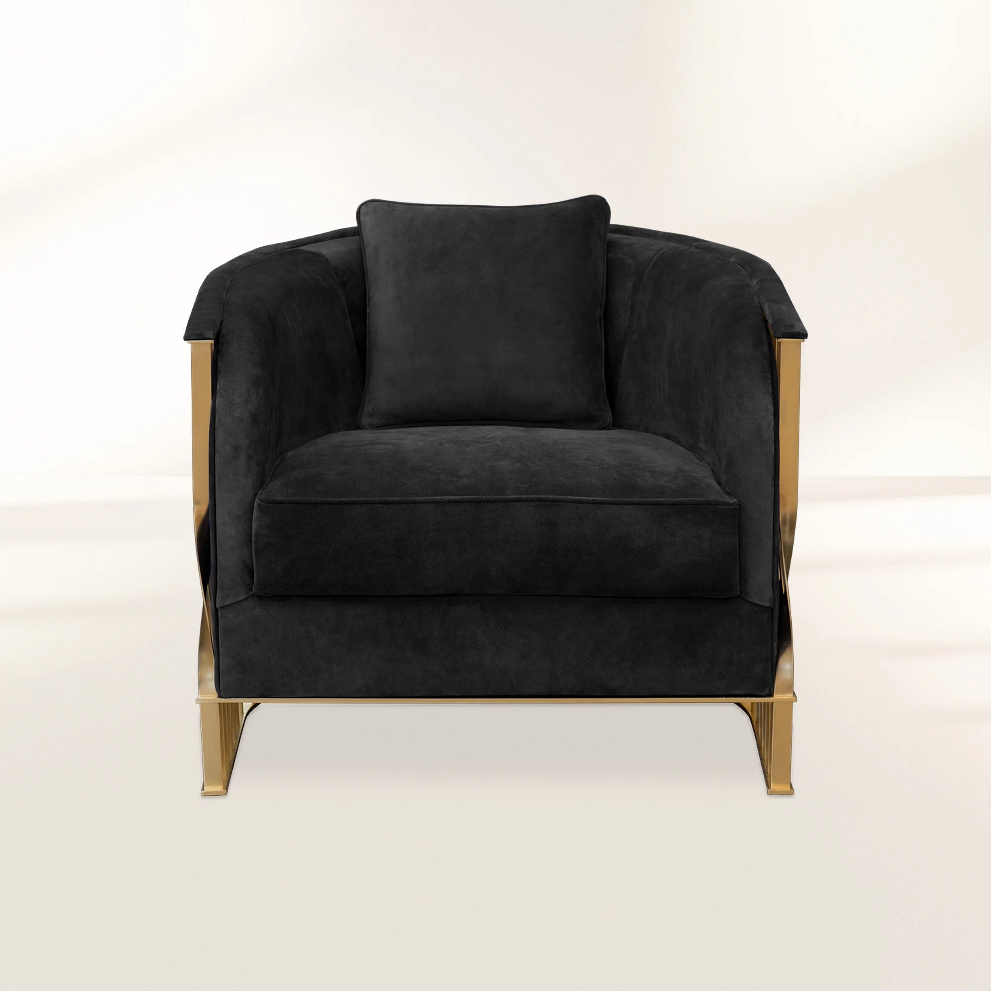 Luxury Velvet Armchair with Curved Sculptural Design & Gold Accent Base