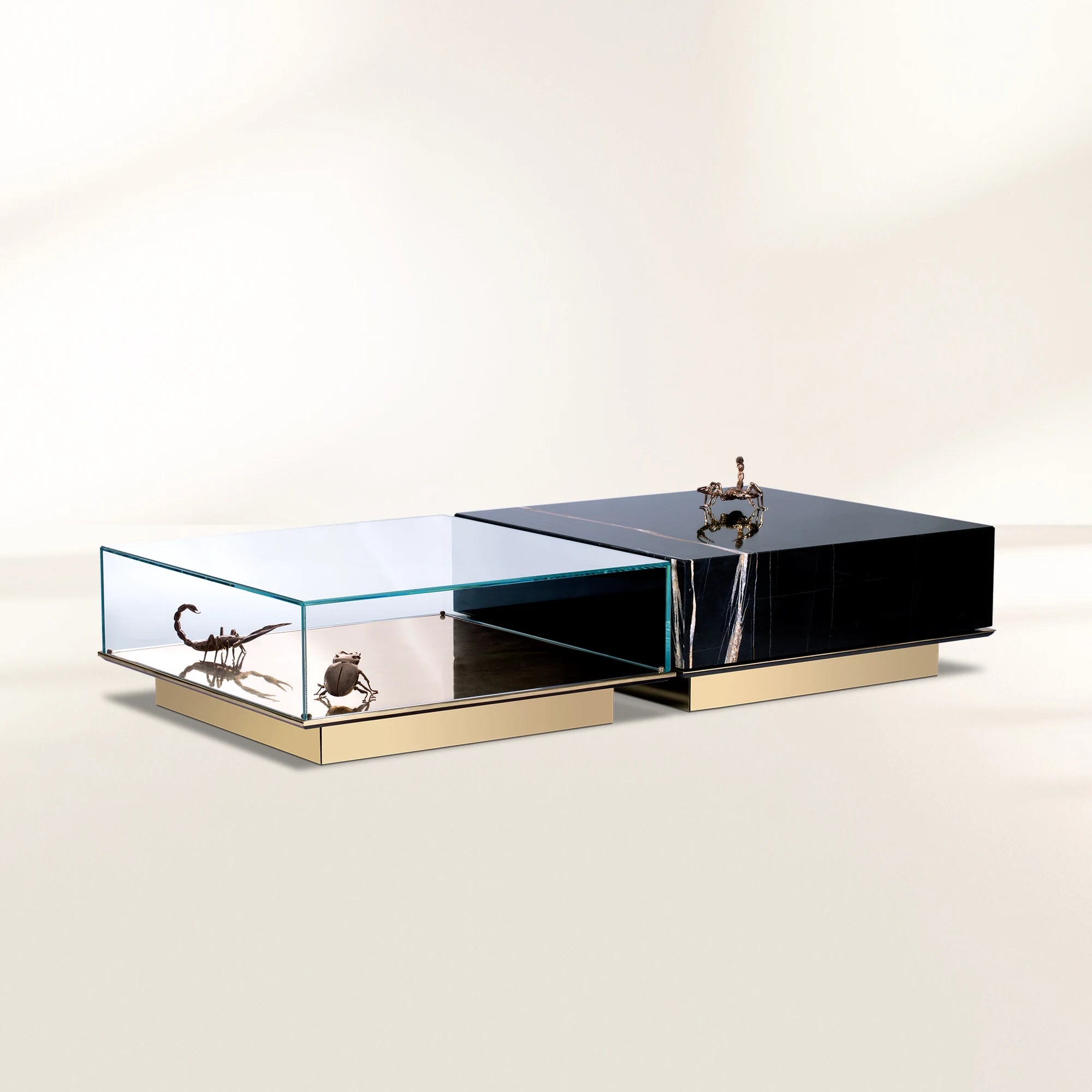 Luxury Coffee Table Set with Marble, Glass & Sculptural Gold Brass Design Center Tea Table