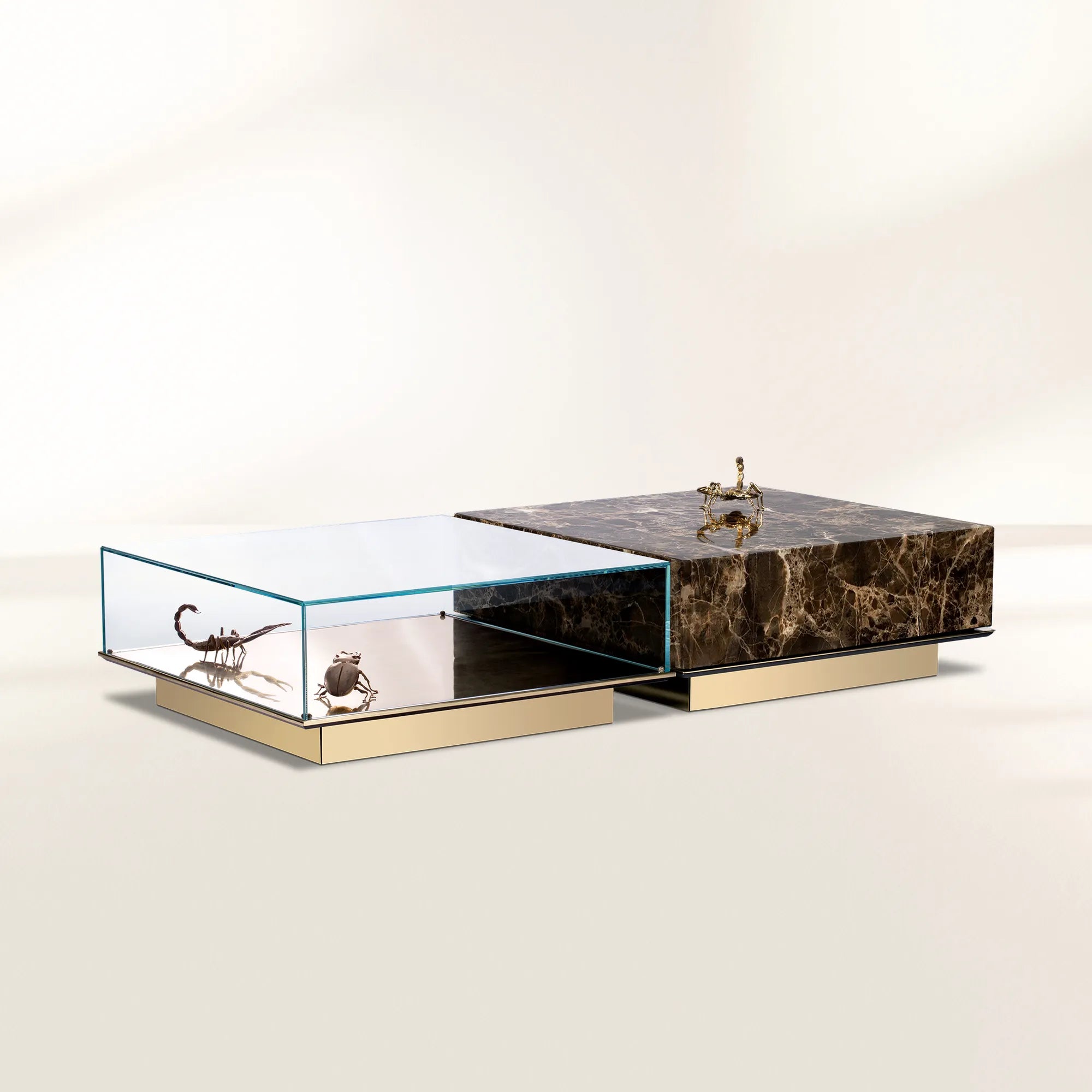Luxury Coffee Table Set with Marble, Glass & Sculptural Gold Brass Design Center Tea Table