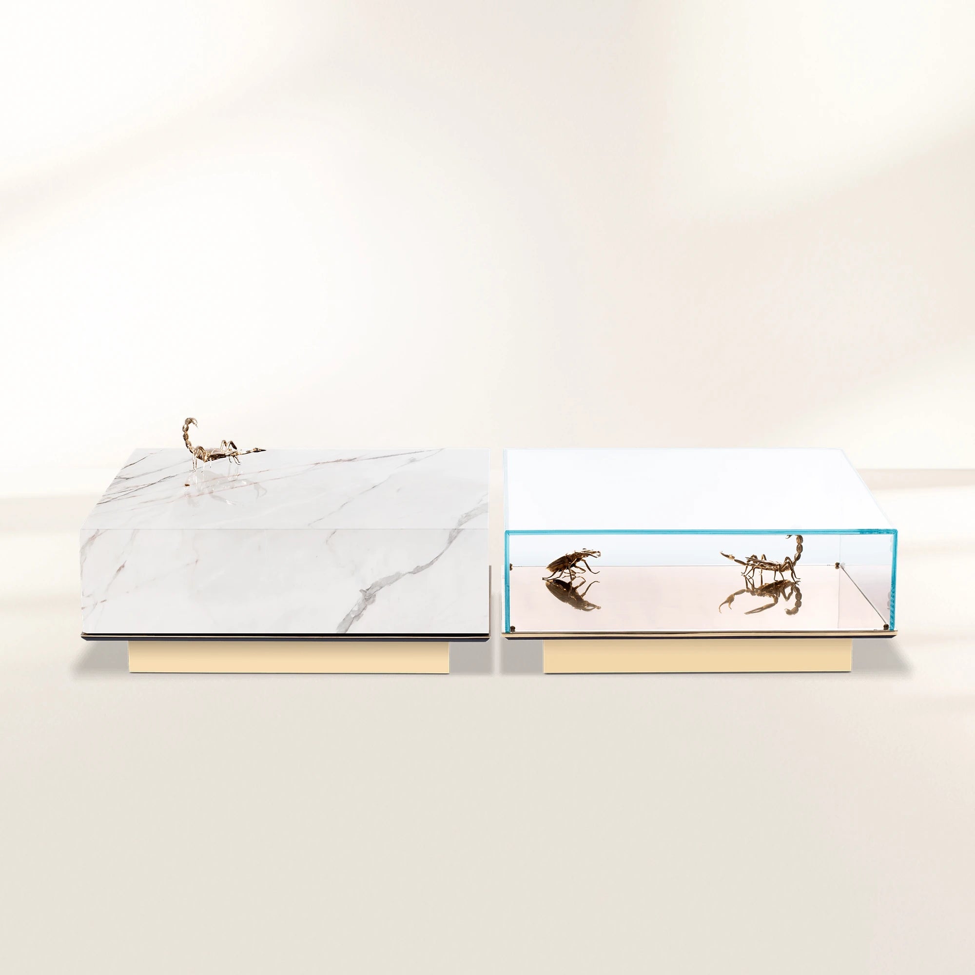 Luxury Coffee Table Set with Marble, Glass & Sculptural Gold Brass Design Center Tea Table