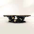 Luxury Sculptural Coffee Table with Gold Sphere Base & Black Glass Top Center Tea Table