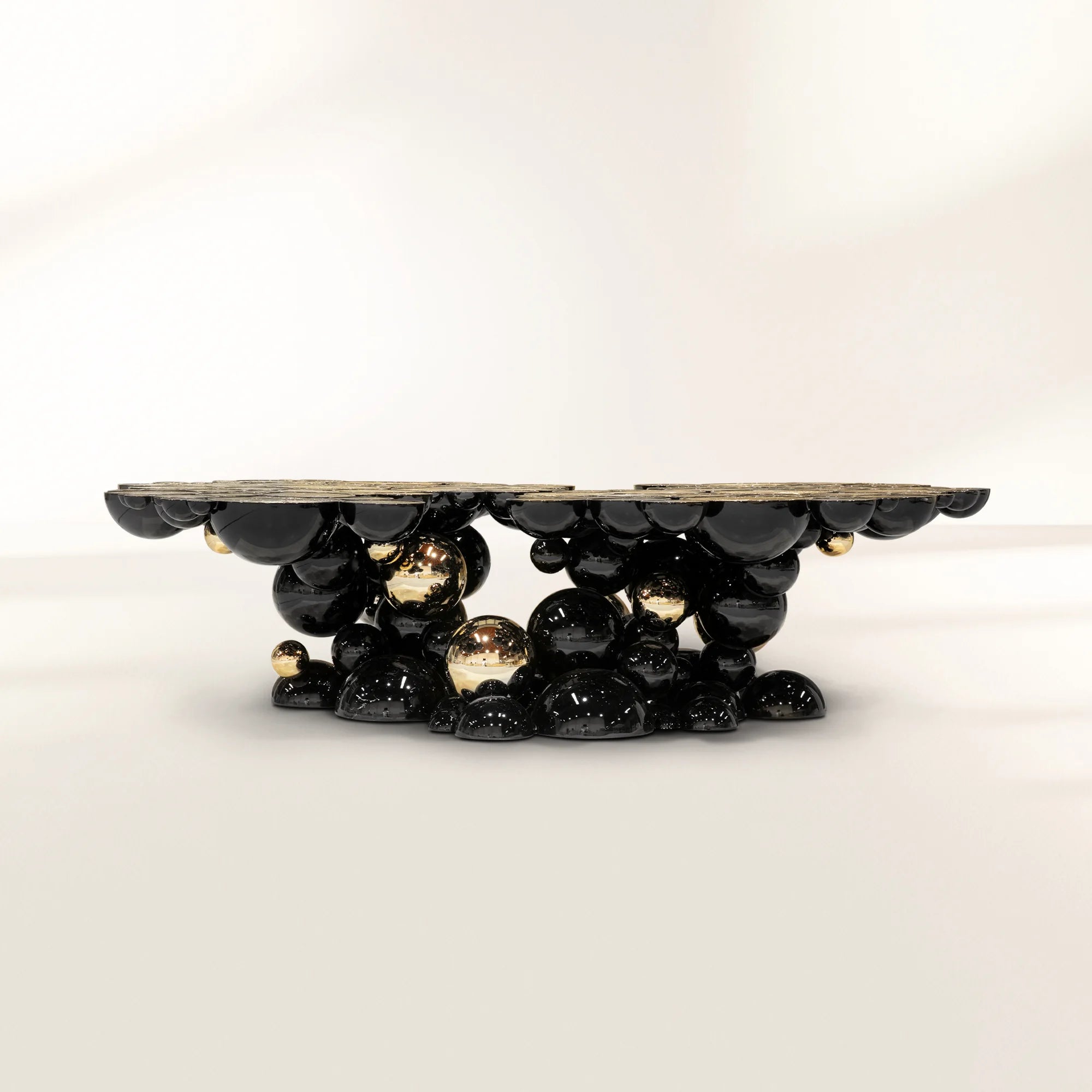 Luxury Sculptural Coffee Table with Gold Sphere Base & Black Glass Top Center Tea Table