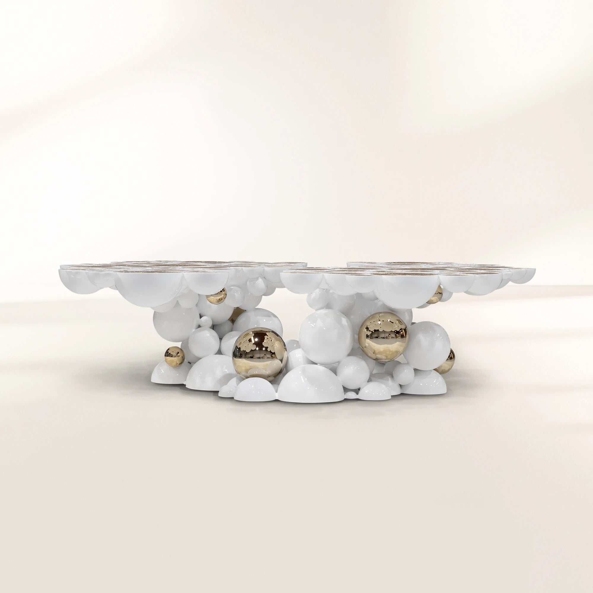 Luxury Sculptural Coffee Table with Gold Sphere Base & Black Glass Top Center Tea Table