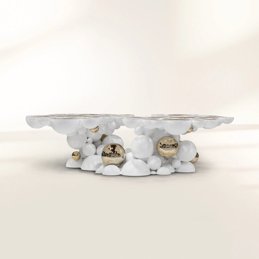 Luxury Sculptural Coffee Table with Gold Sphere Base & Black Glass Top Center Tea Table