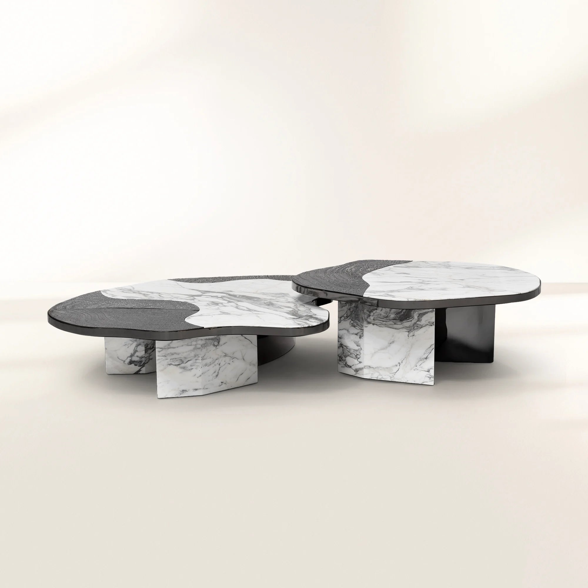 Luxury Calacatta Marble Coffee Table with Black Sculptural Base & Modern Design Center Tea Table