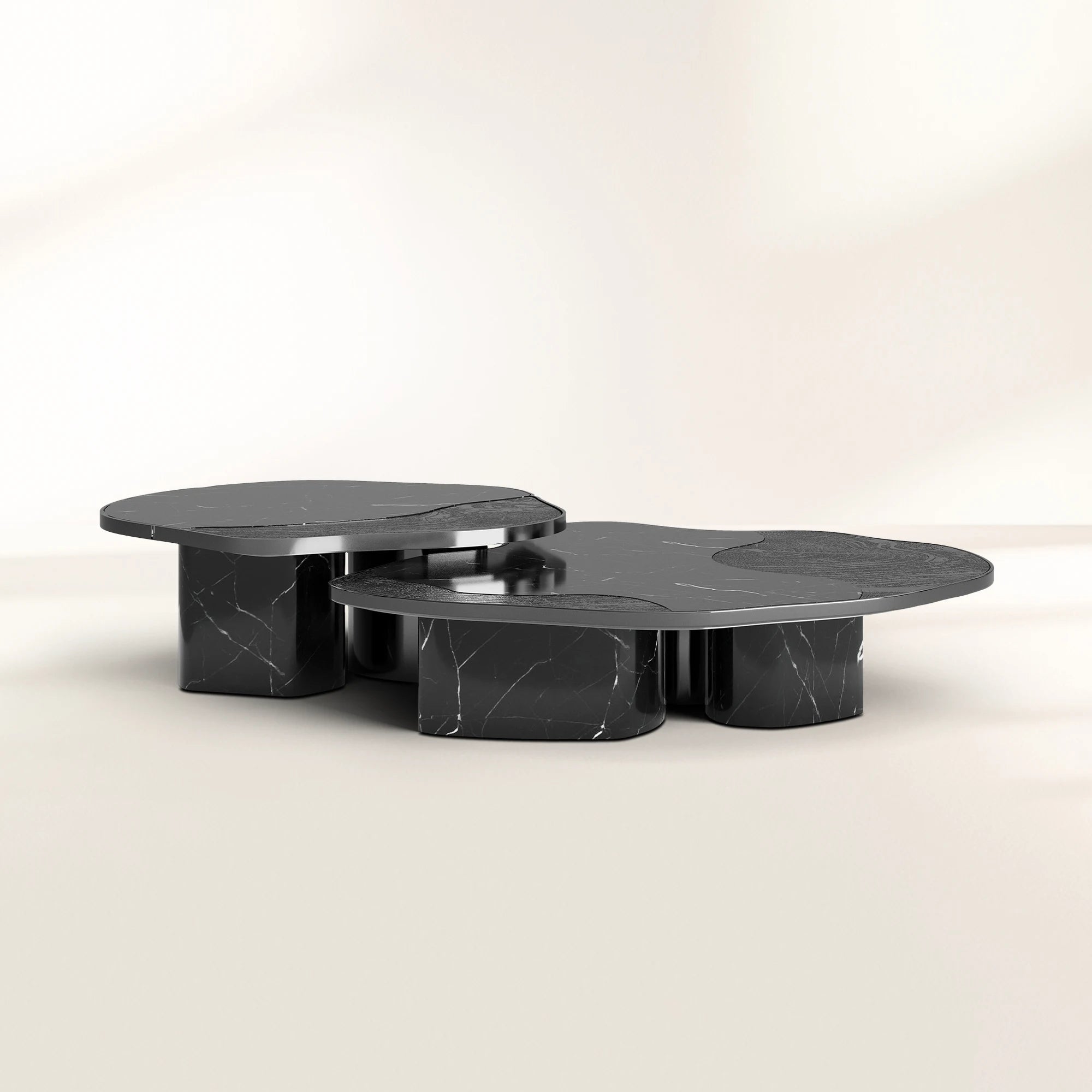 Luxury Calacatta Marble Coffee Table with Black Sculptural Base & Modern Design Center Tea Table