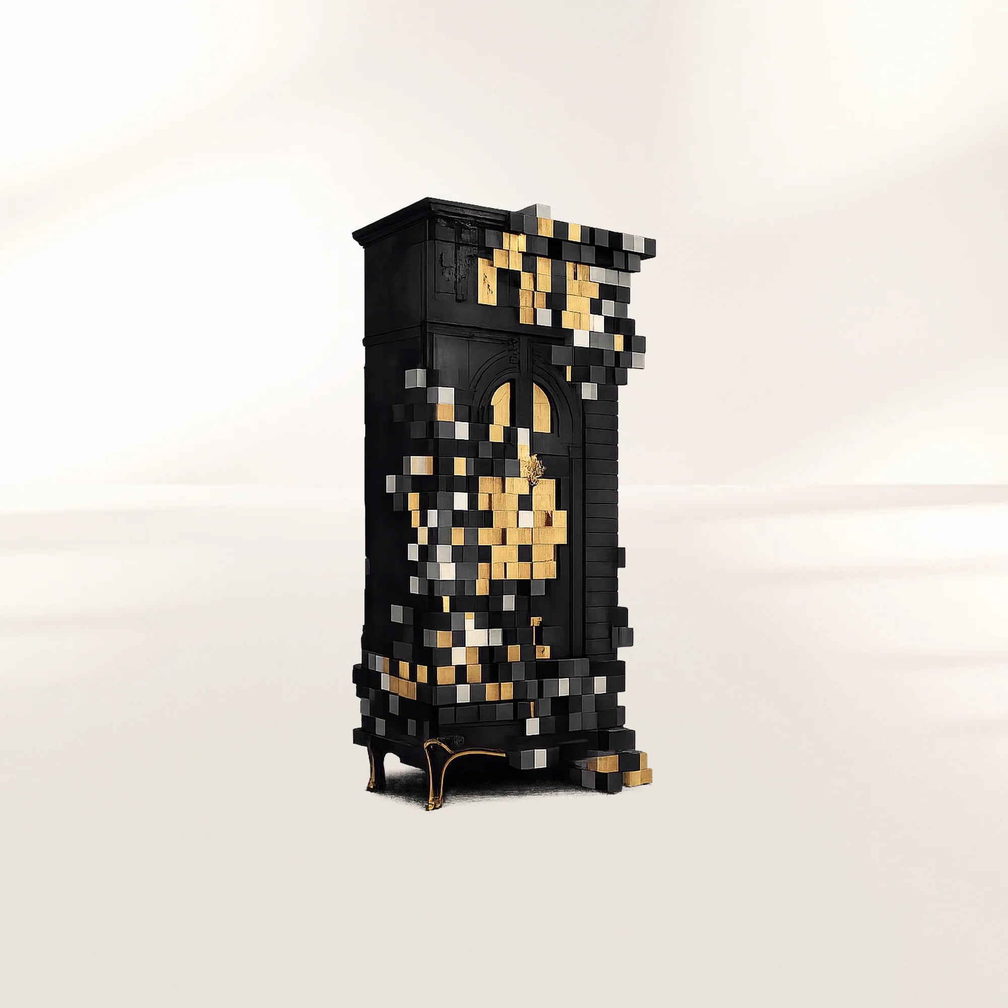 Luxury Display Cabinet with Geometric Pixel Design, Glass Shelves & Storage