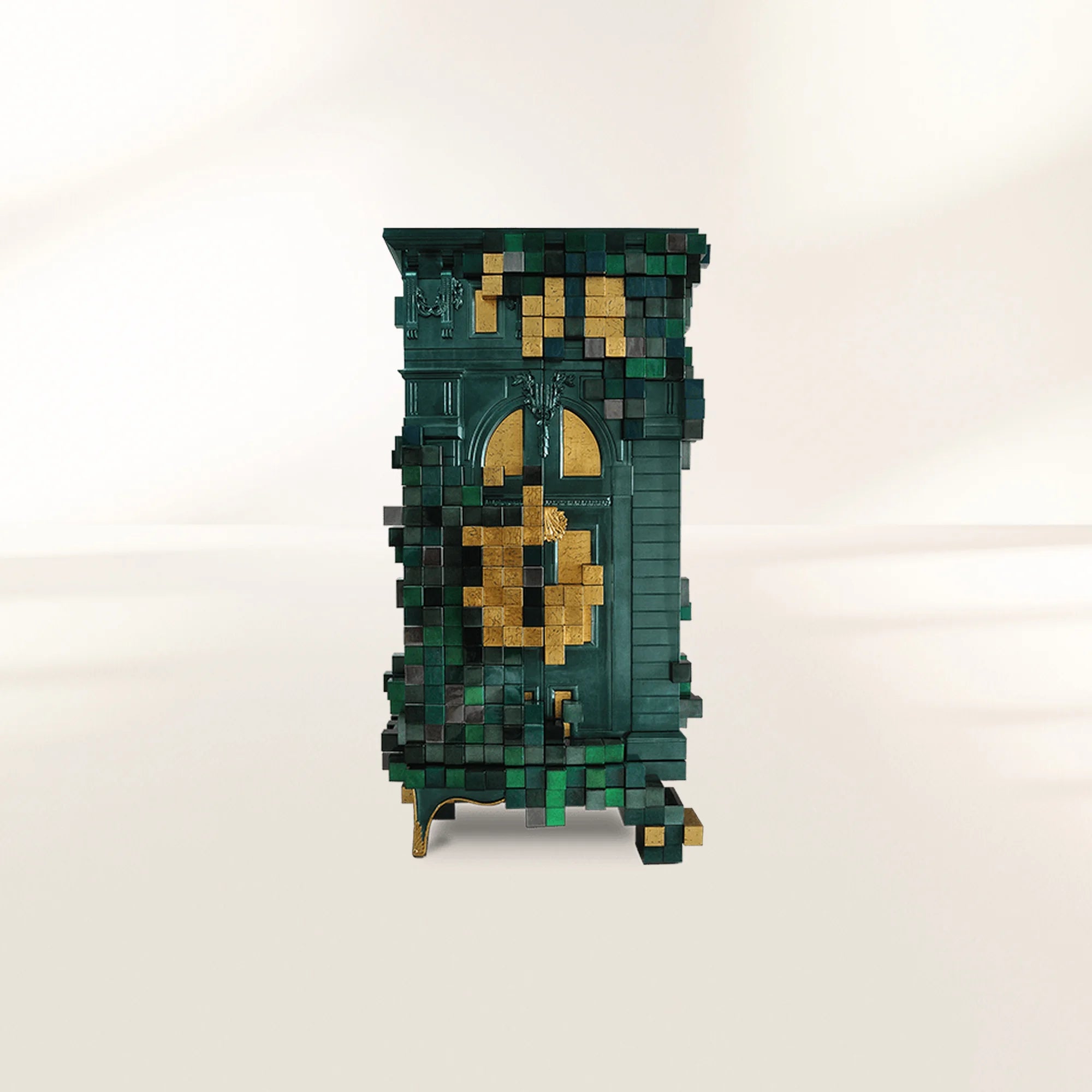 Luxury Display Cabinet with Geometric Pixel Design, Glass Shelves & Storage