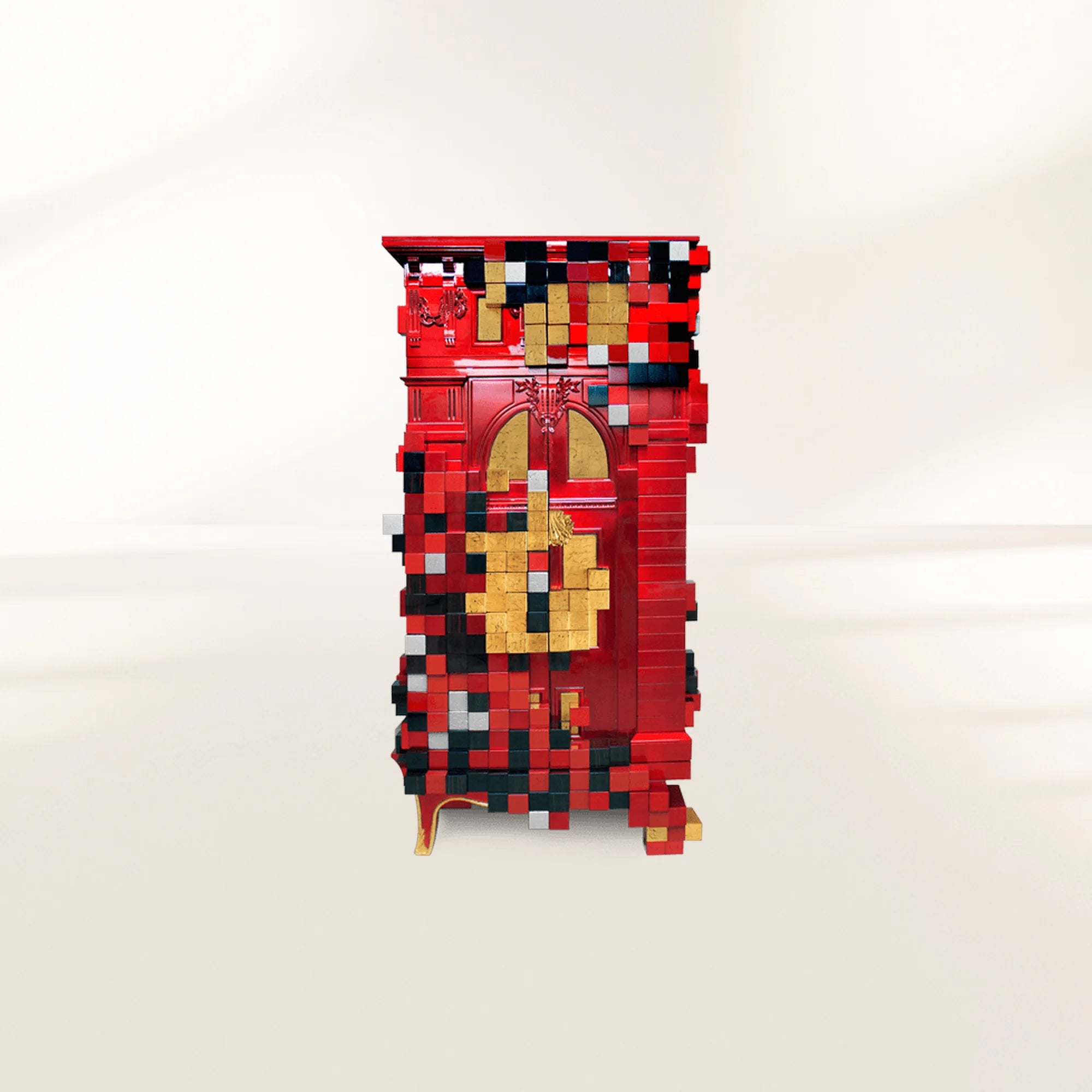Luxury Display Cabinet with Geometric Pixel Design, Glass Shelves & Storage