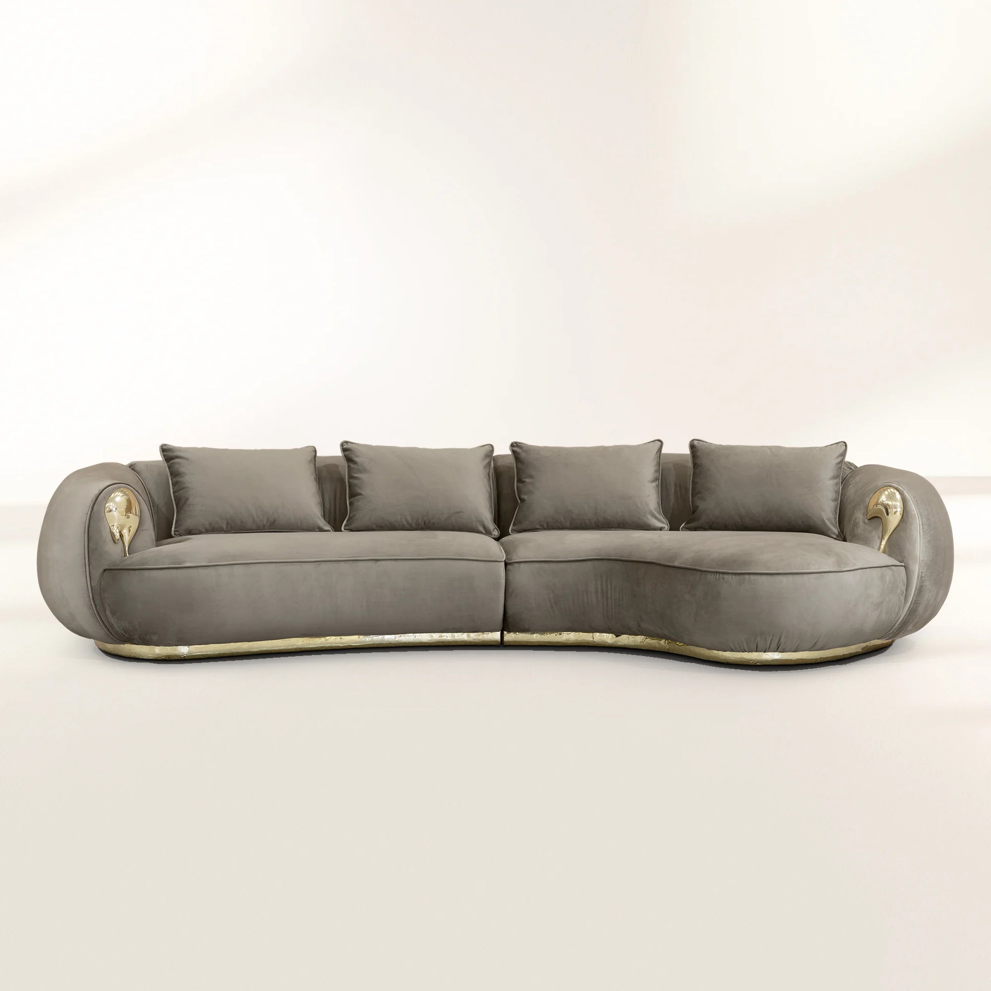 Luxury Curved Sofa with Hand-Hammered Polished Brass Base & Cream Upholstery Design