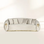 Luxury Curved Sofa with Hand-Hammered Polished Brass Base & Cream Upholstery Design