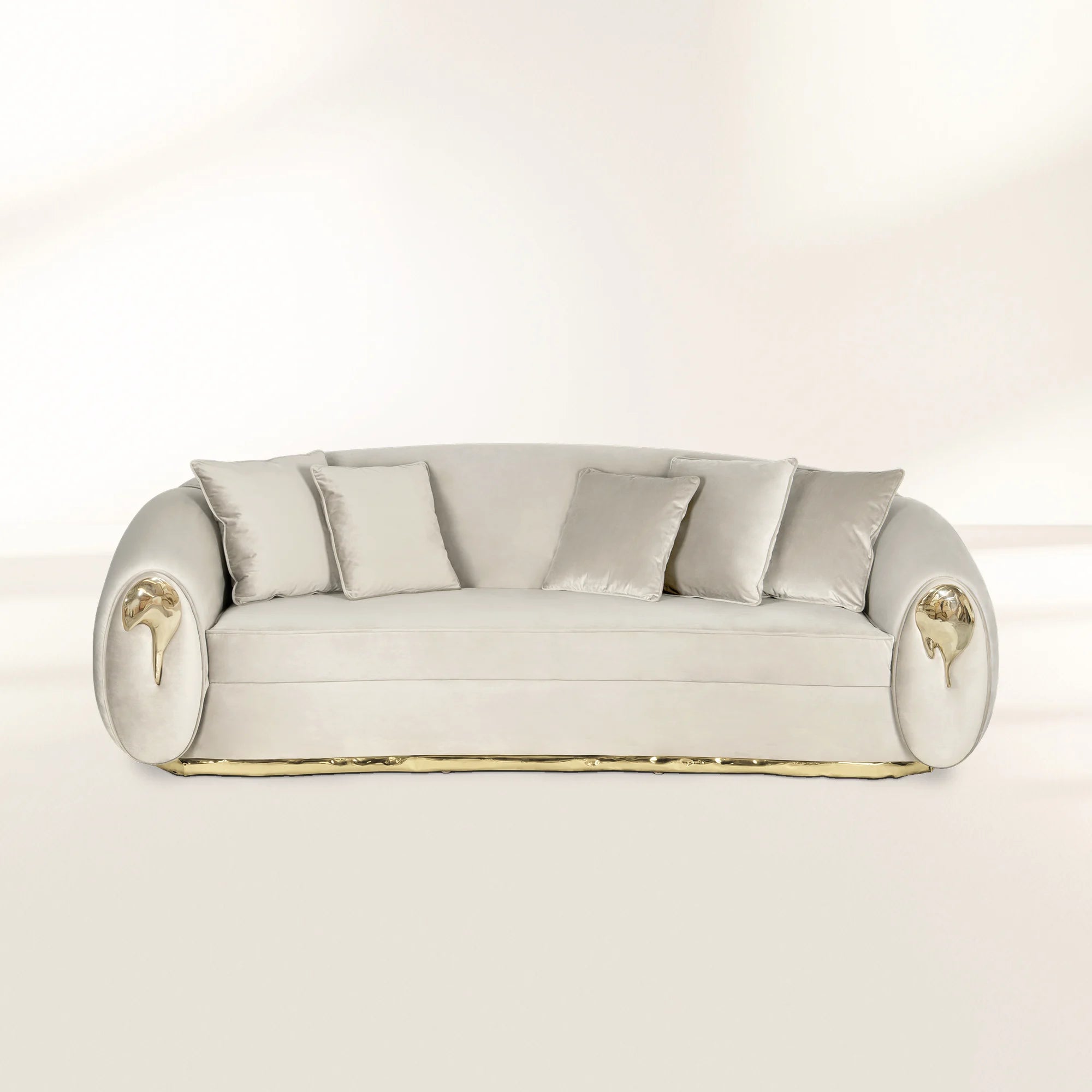 Luxury Curved Sofa with Hand-Hammered Polished Brass Base & Cream Upholstery Design