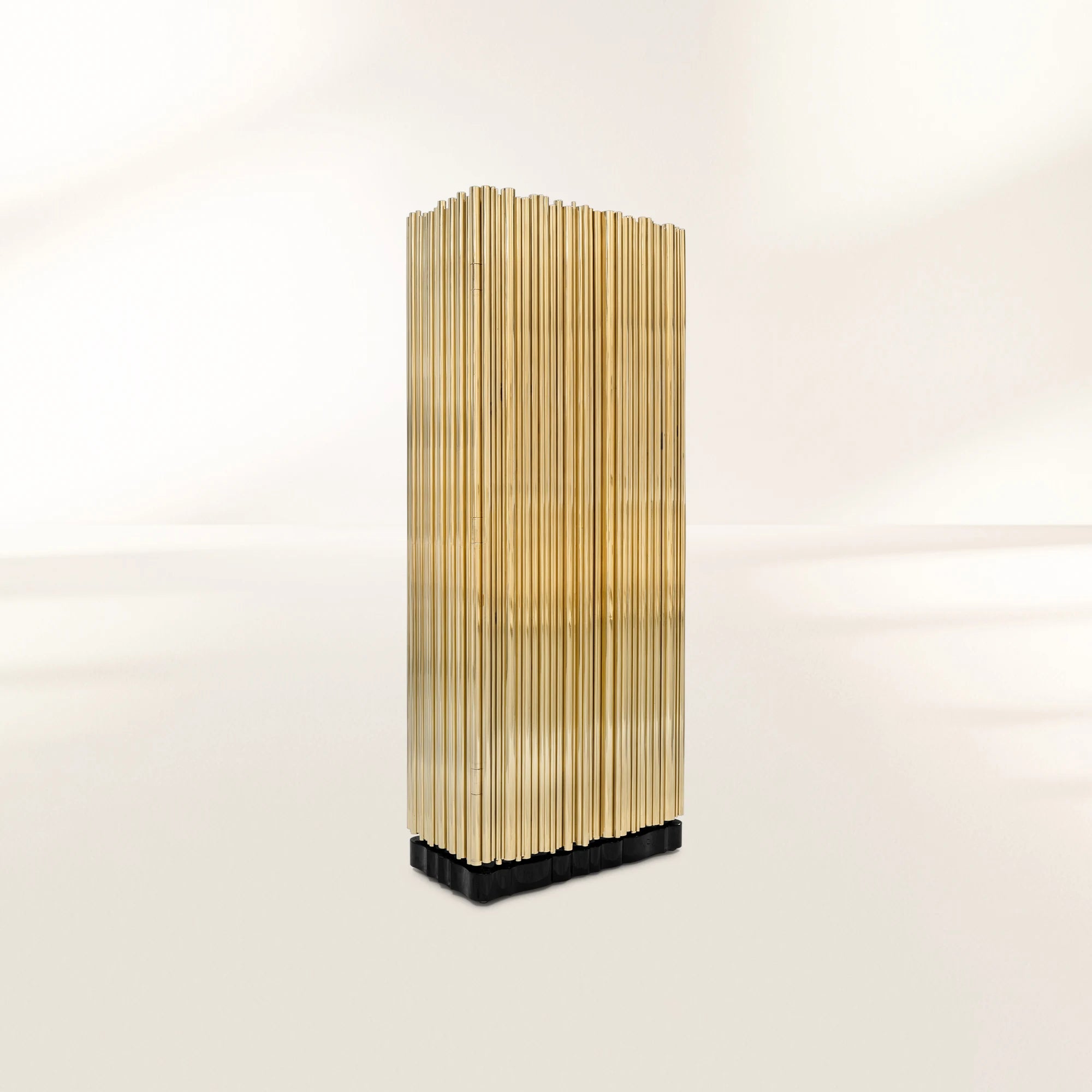 Luxury Curio Cabinet with Brass Tube Design, Glass Shelves & Hidden Storage