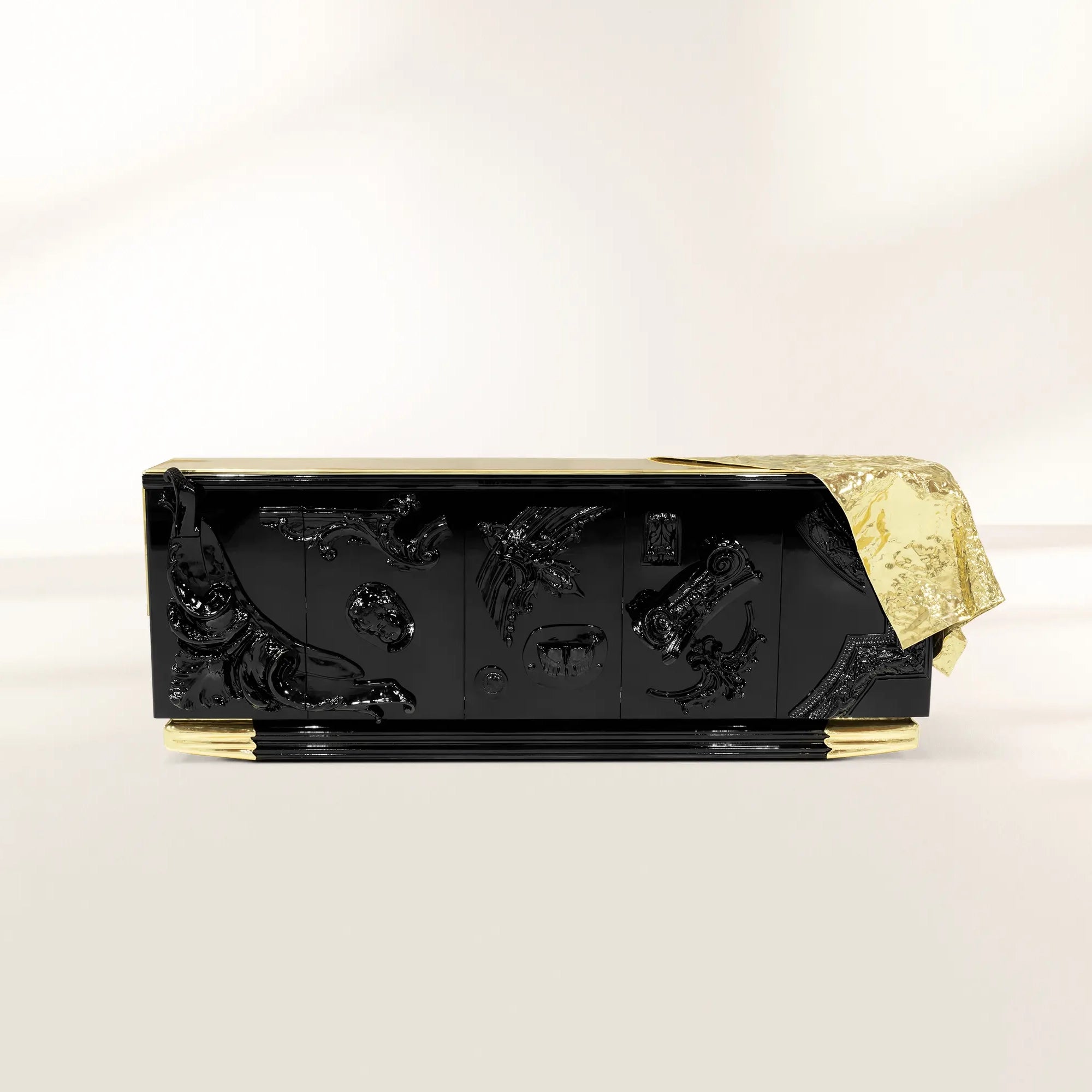 Luxury Black Sideboard Buffet Cabinet with Gold Leaf Details & Hidden Storage