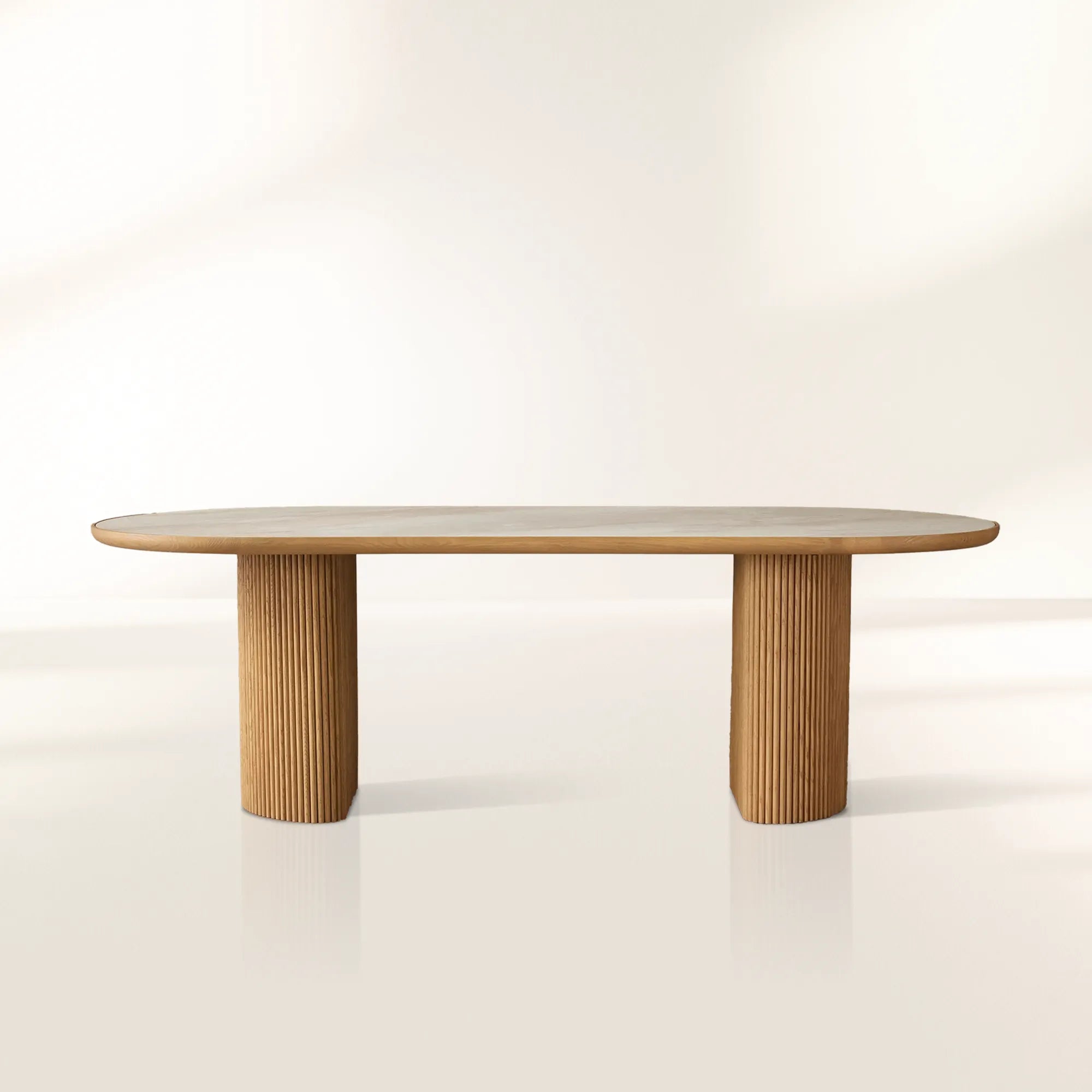 Astor Stone Inlay Top Dining Table with Wood Handcrafted Reeded Detailing Base