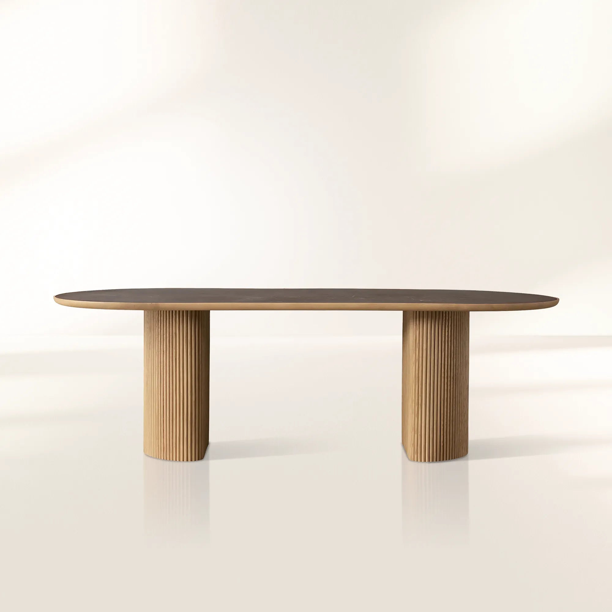 Astor Stone Inlay Top Dining Table with Wood Handcrafted Reeded Detailing Base