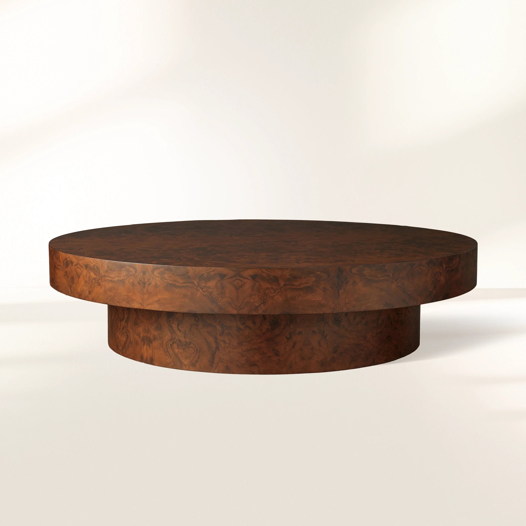 Cinzia Burl Round Coffee Table Walnut Wood Veneer & Plinth Base Sofa Center Tea Table
