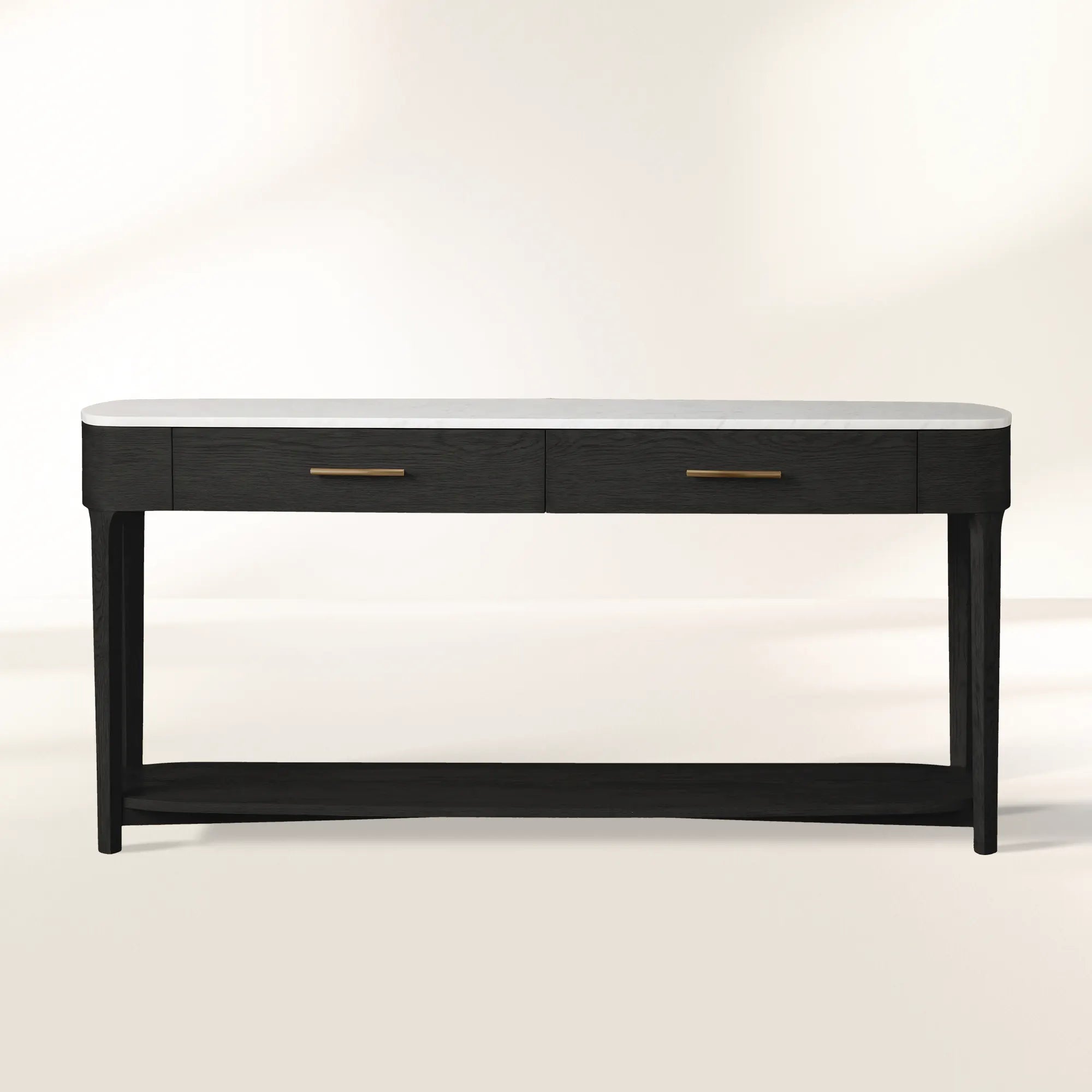 Danny Marble Top Entryway Console Table wtih Storage Drawers Brass Hardware Solid Oak Wood Hallway Entrance Table